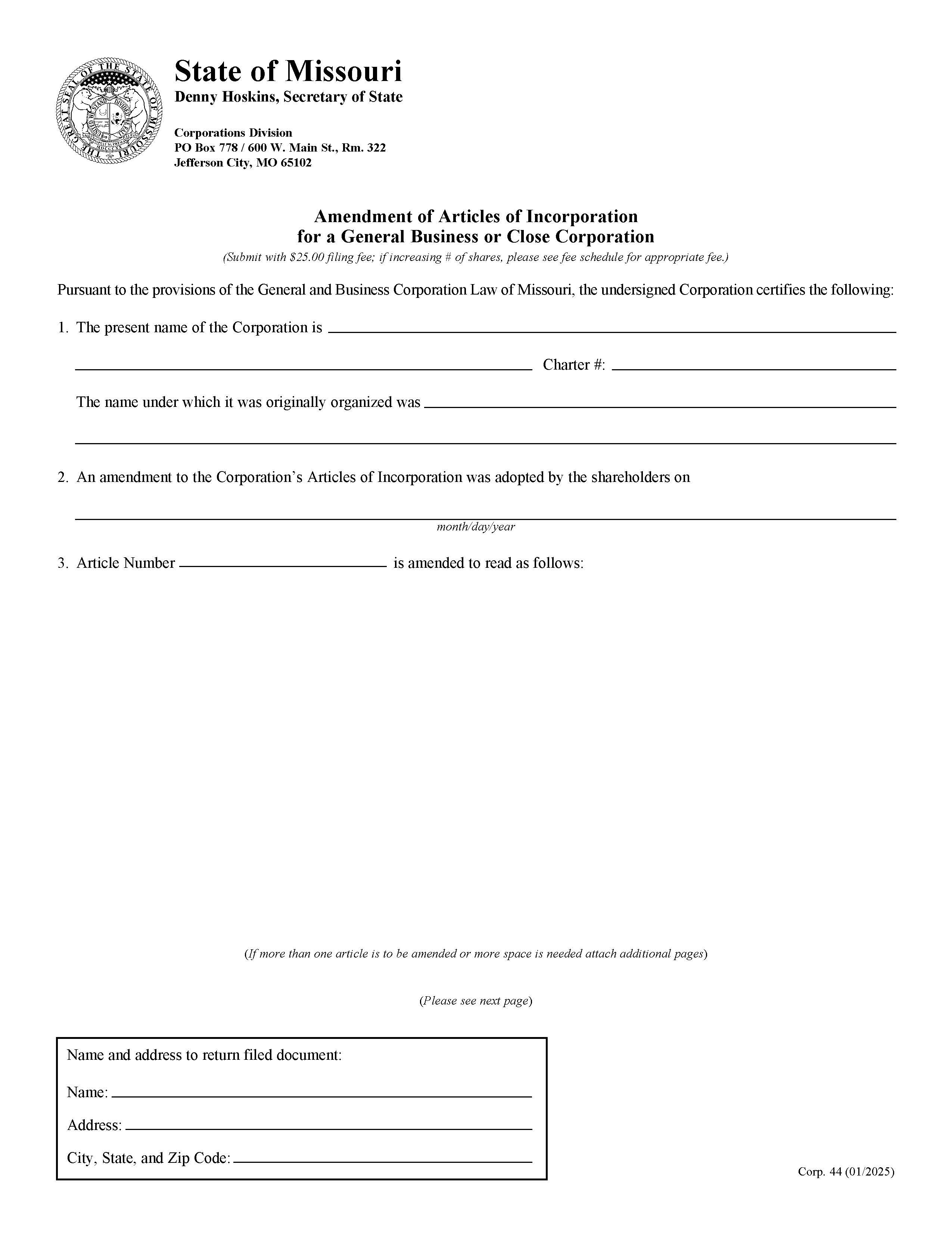 Amendment  Of Articles Of Incorporation {44} | Pdf Fpdf Doc Docx | Missouri
