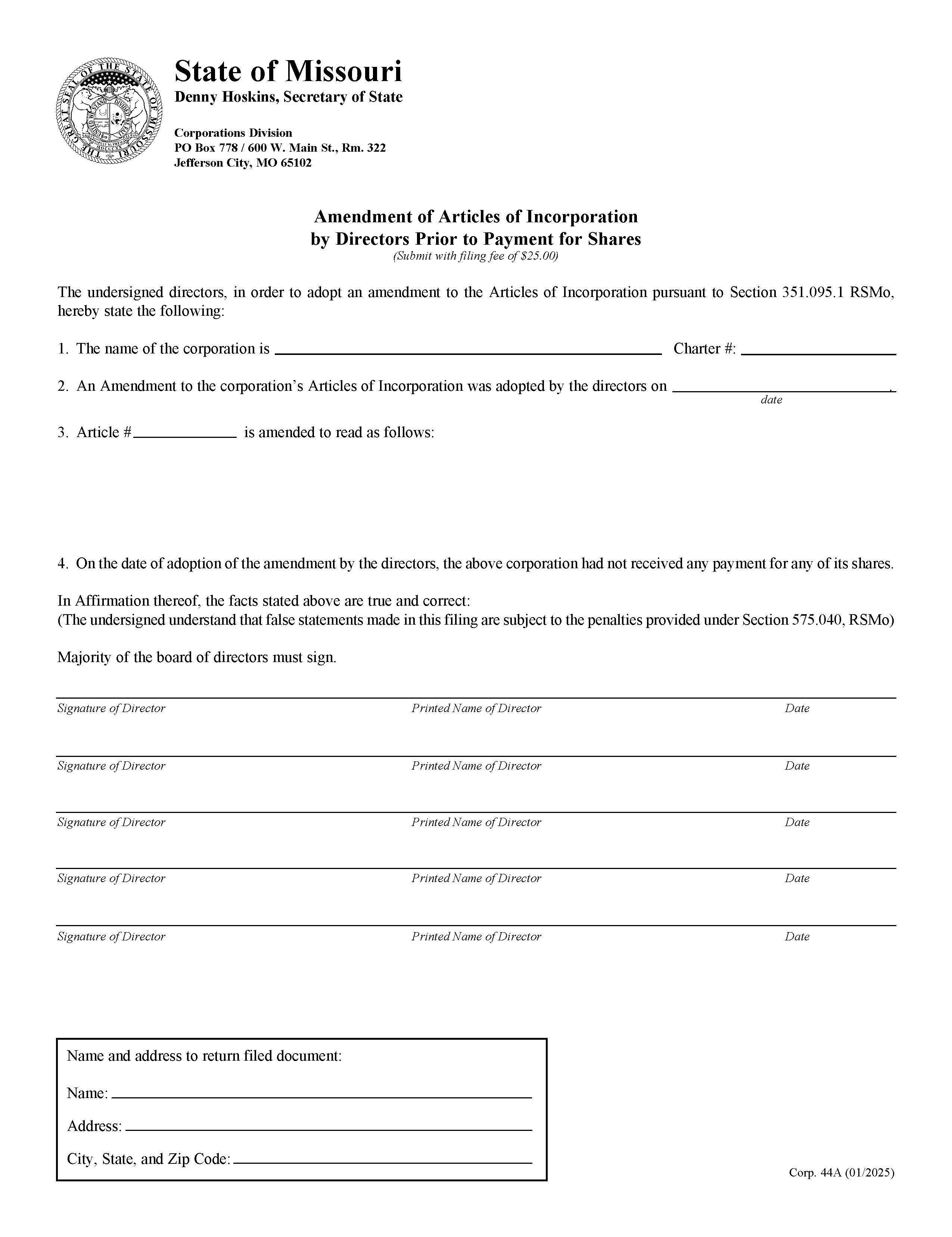 Amendment Of Articles Of Incorporation By Directors Prior To Payment For Shares {44A} | Pdf Fpdf Doc Docx | Missouri