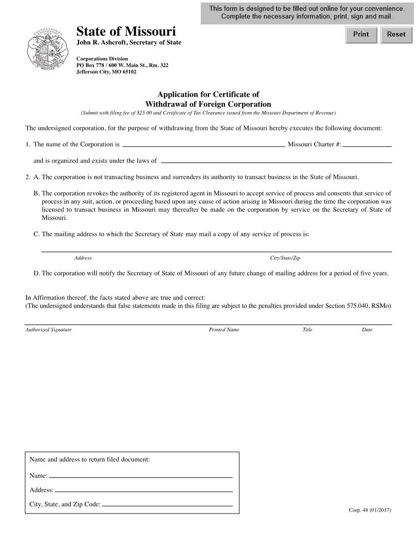 Application  For Certificate Of Withdrawal Of Foreign Corporation {48} | Pdf Fpdf Doc Docx | Missouri