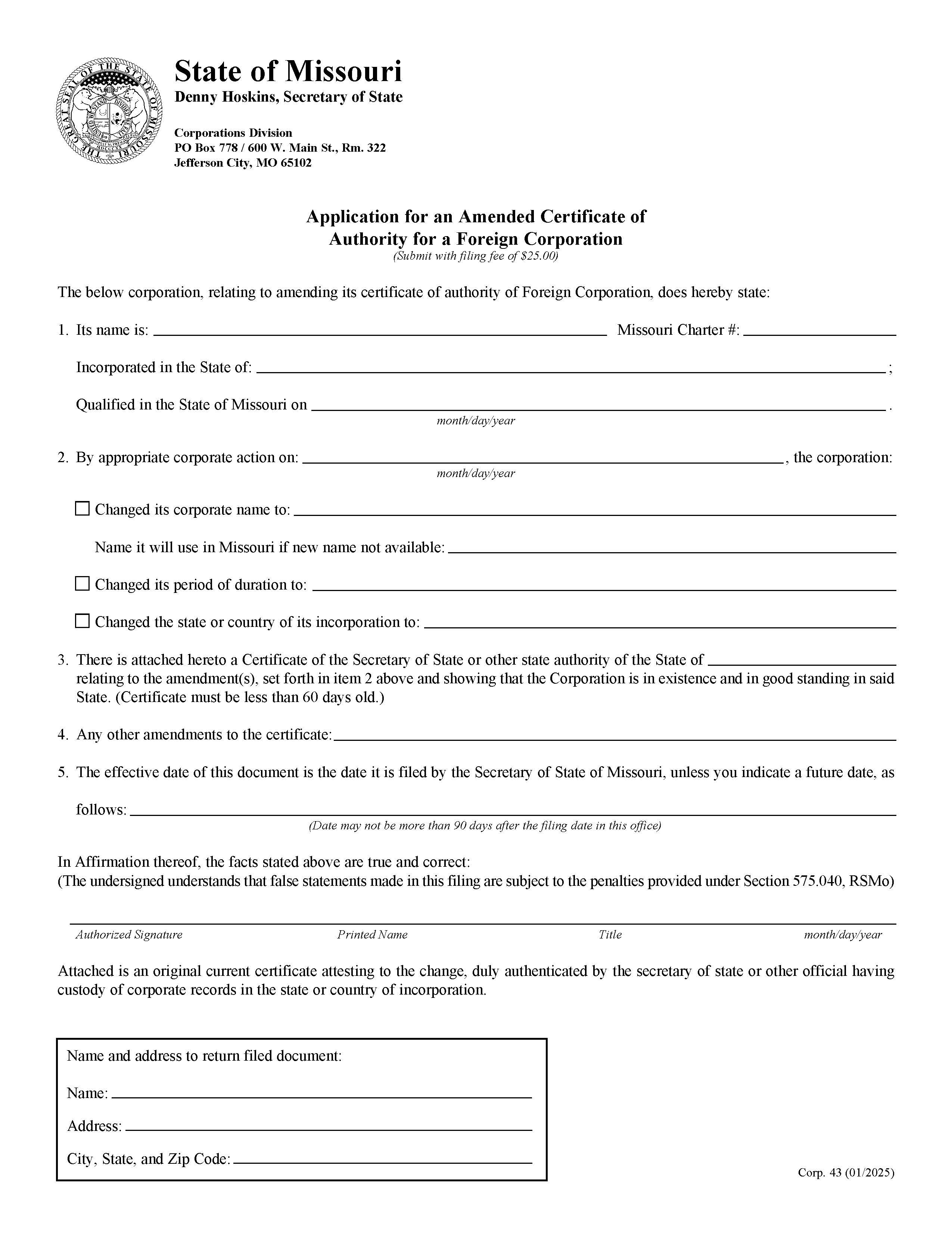 Application For An Amended Certificate Of Authority For A Foreign Corporation {43} | Pdf Fpdf Doc Docx | Missouri