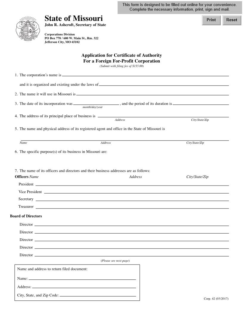Application For Certificate Of Authority For Foreign Corporation {Corp 42} | Pdf Fpdf Docx | Missouri