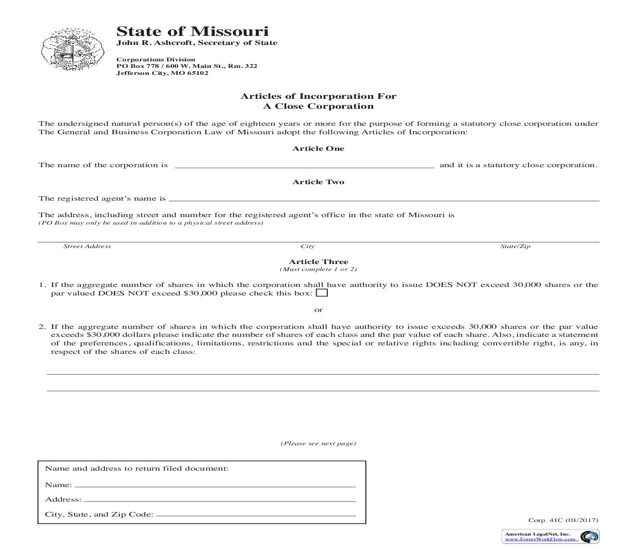 Articles Of Incorporation For A Close Corporation {41c} | Pdf Fpdf Doc Docx | Missouri