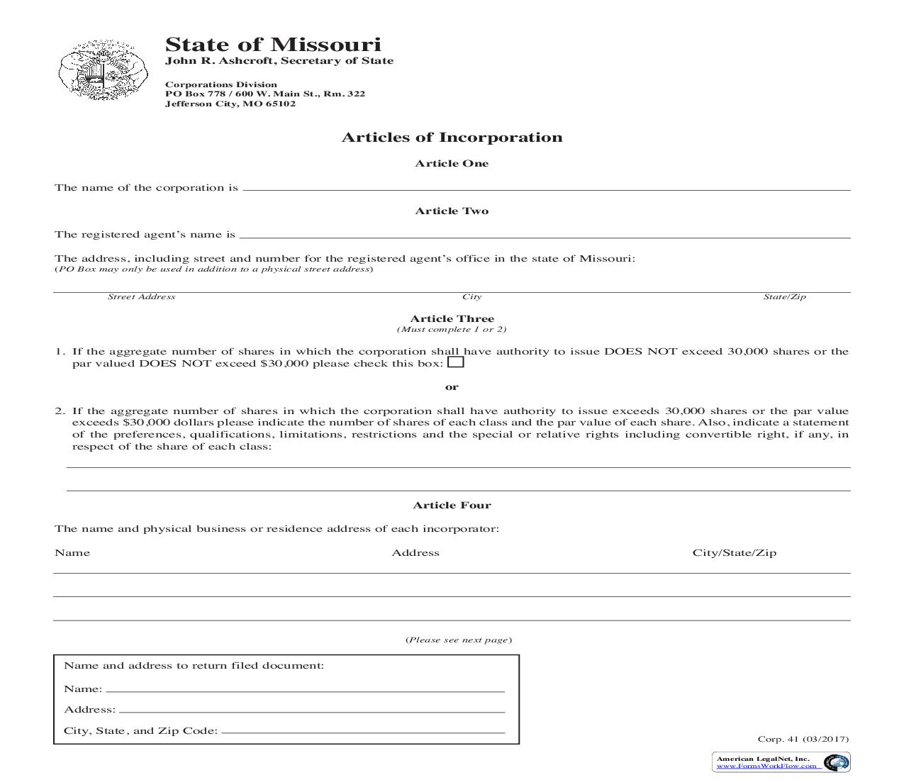 Articles Of Incorporation Of A For Profit Corporation {41} | Pdf Fpdf Doc Docx | Missouri