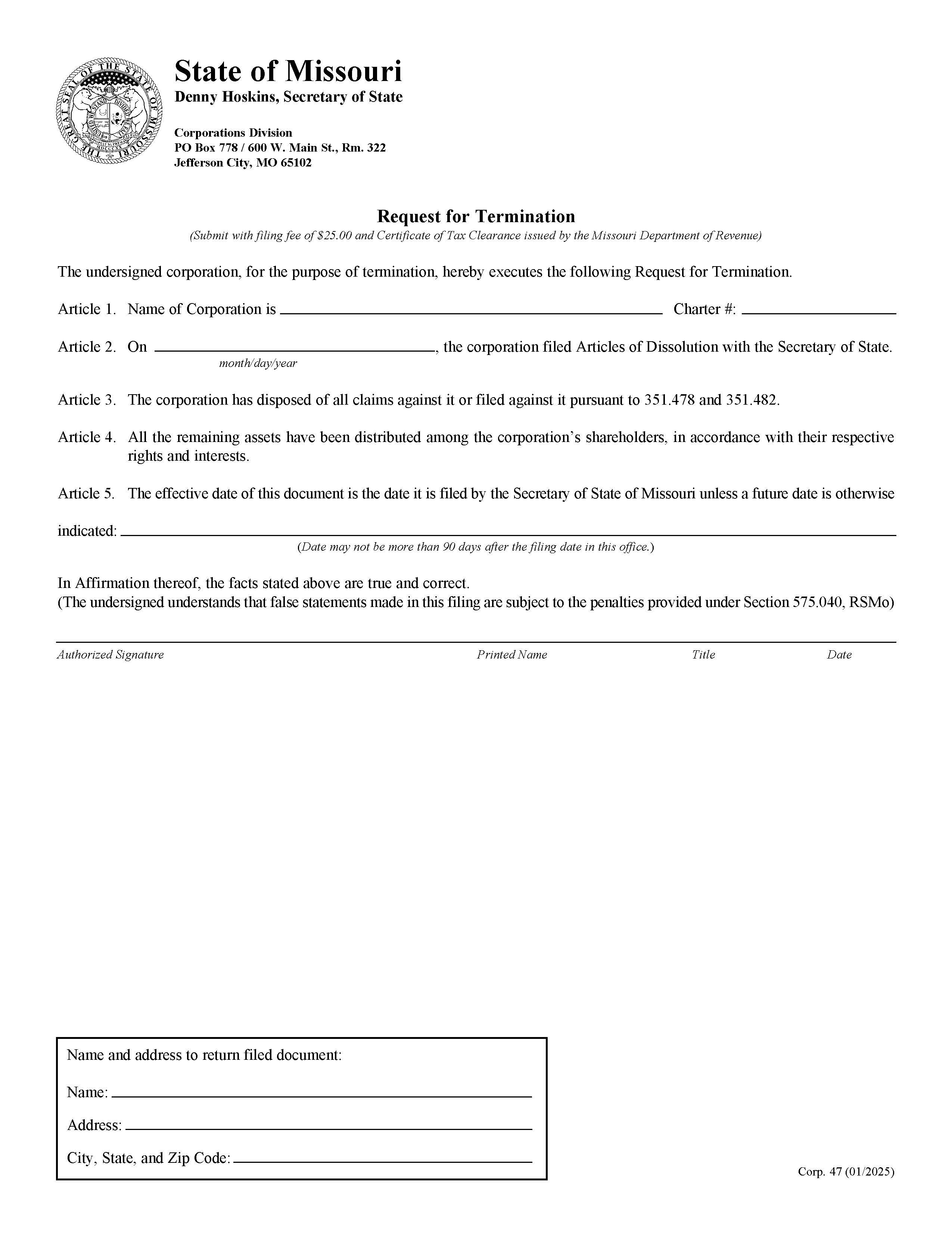 Request For Termination {47} | Pdf Fpdf Doc Docx | Missouri