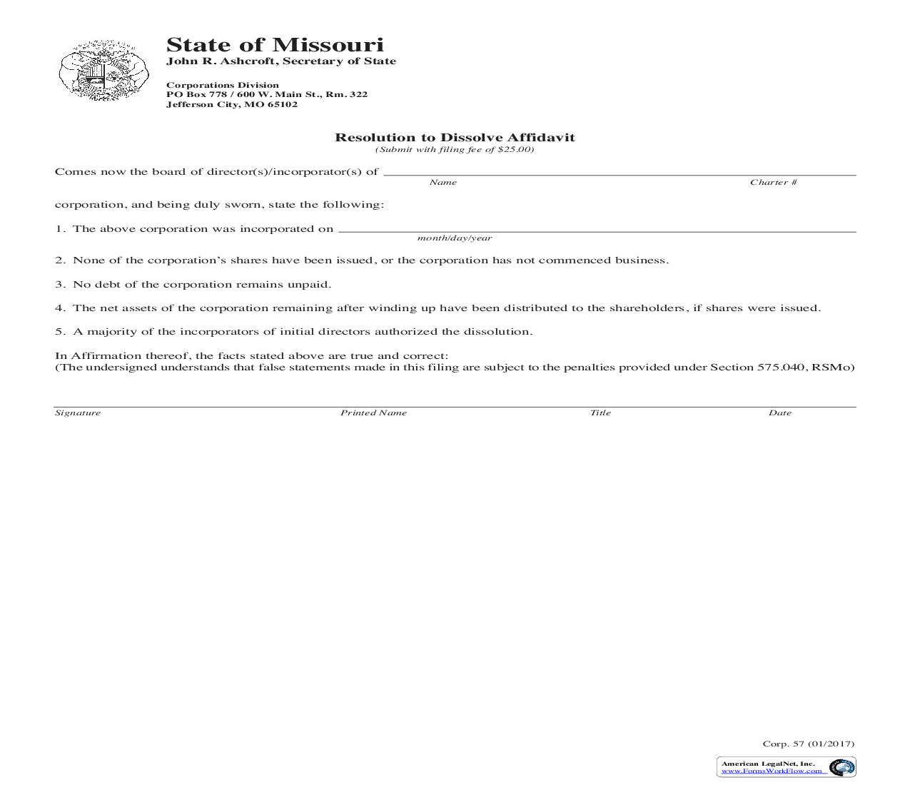 Resolution To Dissolve Affidavit {57} | Pdf Fpdf Doc Docx | Missouri