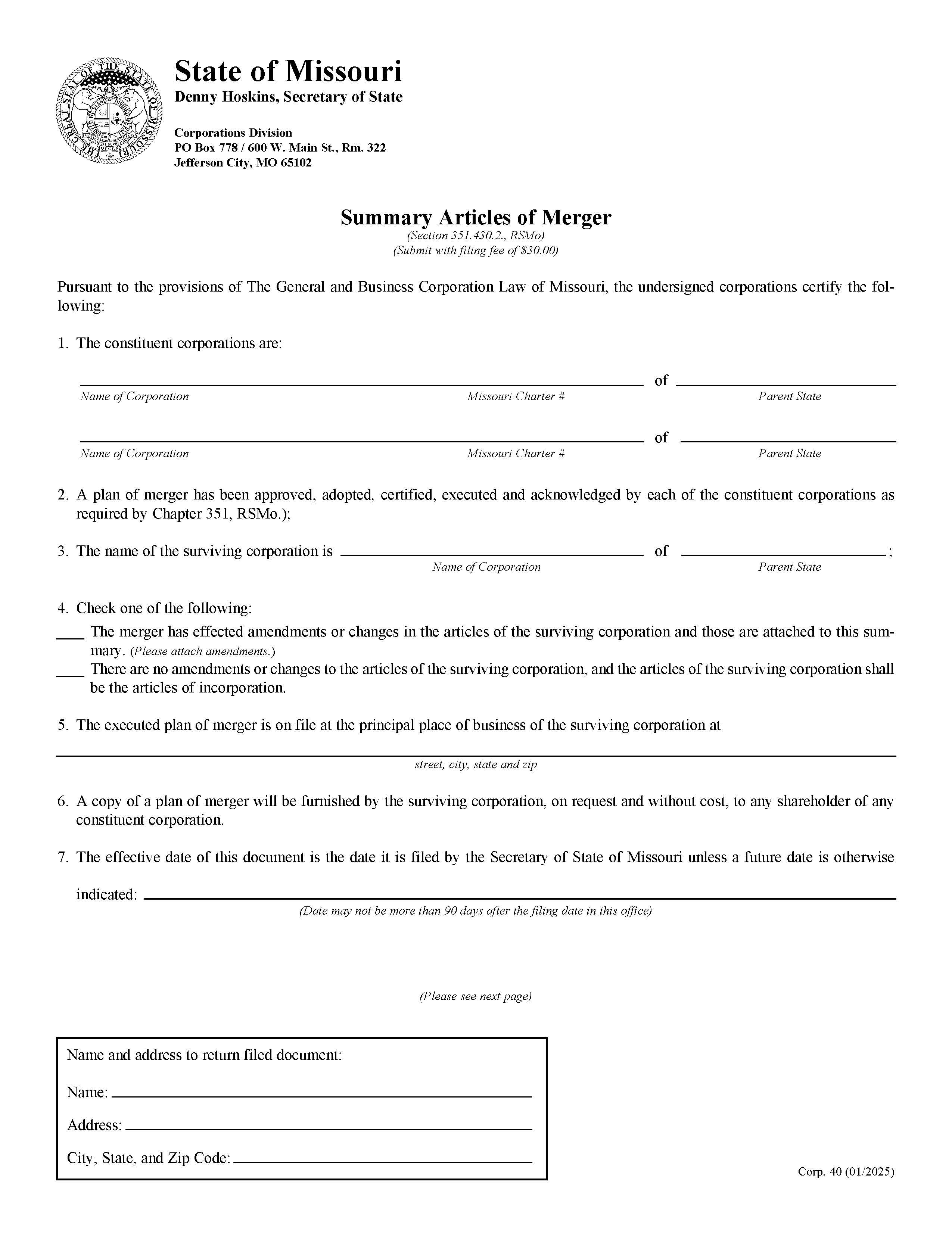 Summary Articles Of Merger {40} | Pdf Fpdf Doc Docx | Missouri
