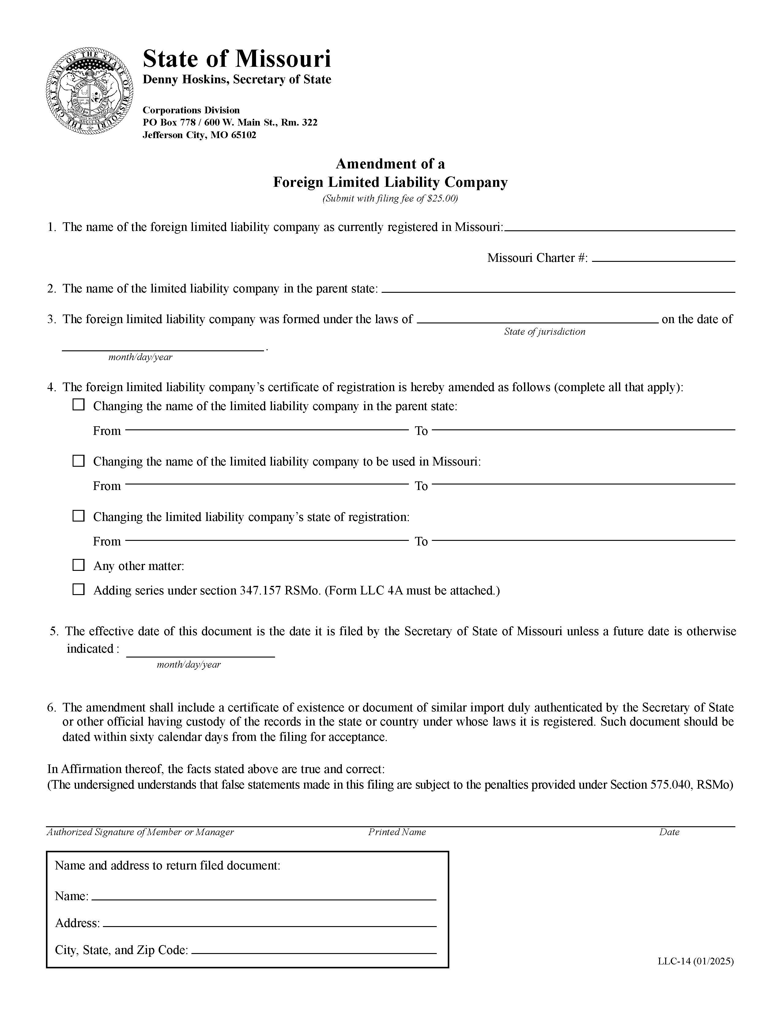 Amendment Of A Foreign Limited Liability Company {LLC 14} | Pdf Fpdf Doc Docx | Missouri