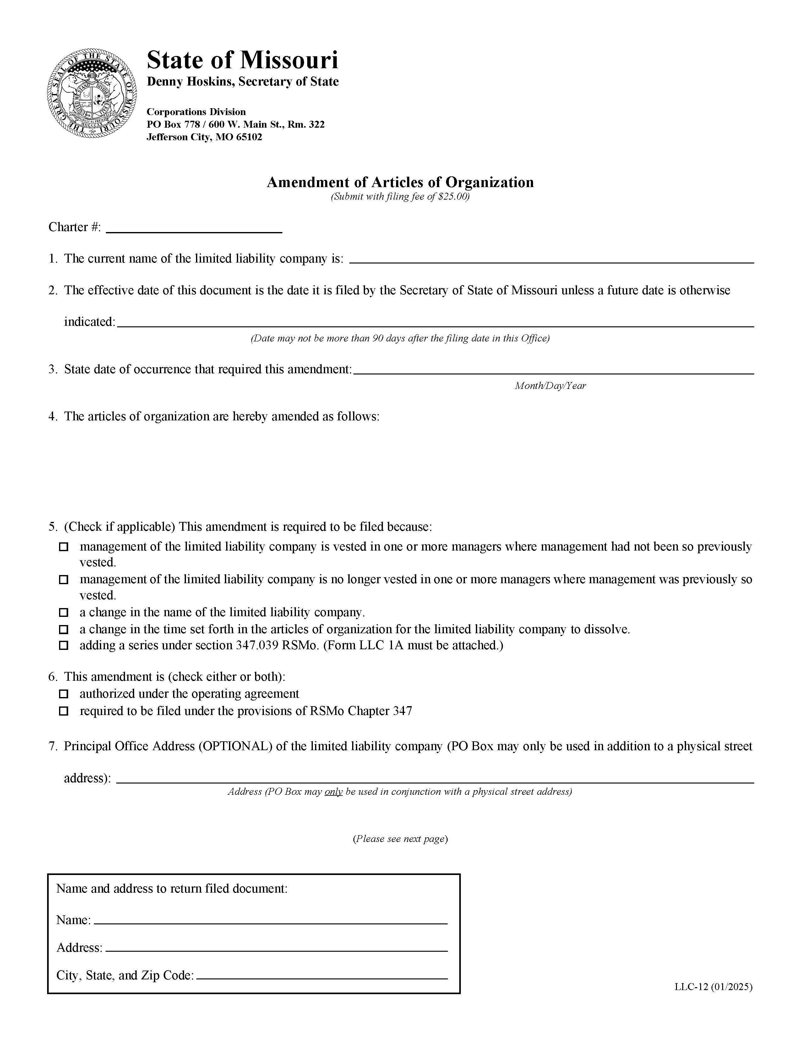 Amendment Of Articles Of Organization {LLC 12} | Pdf Fpdf Doc Docx | Missouri