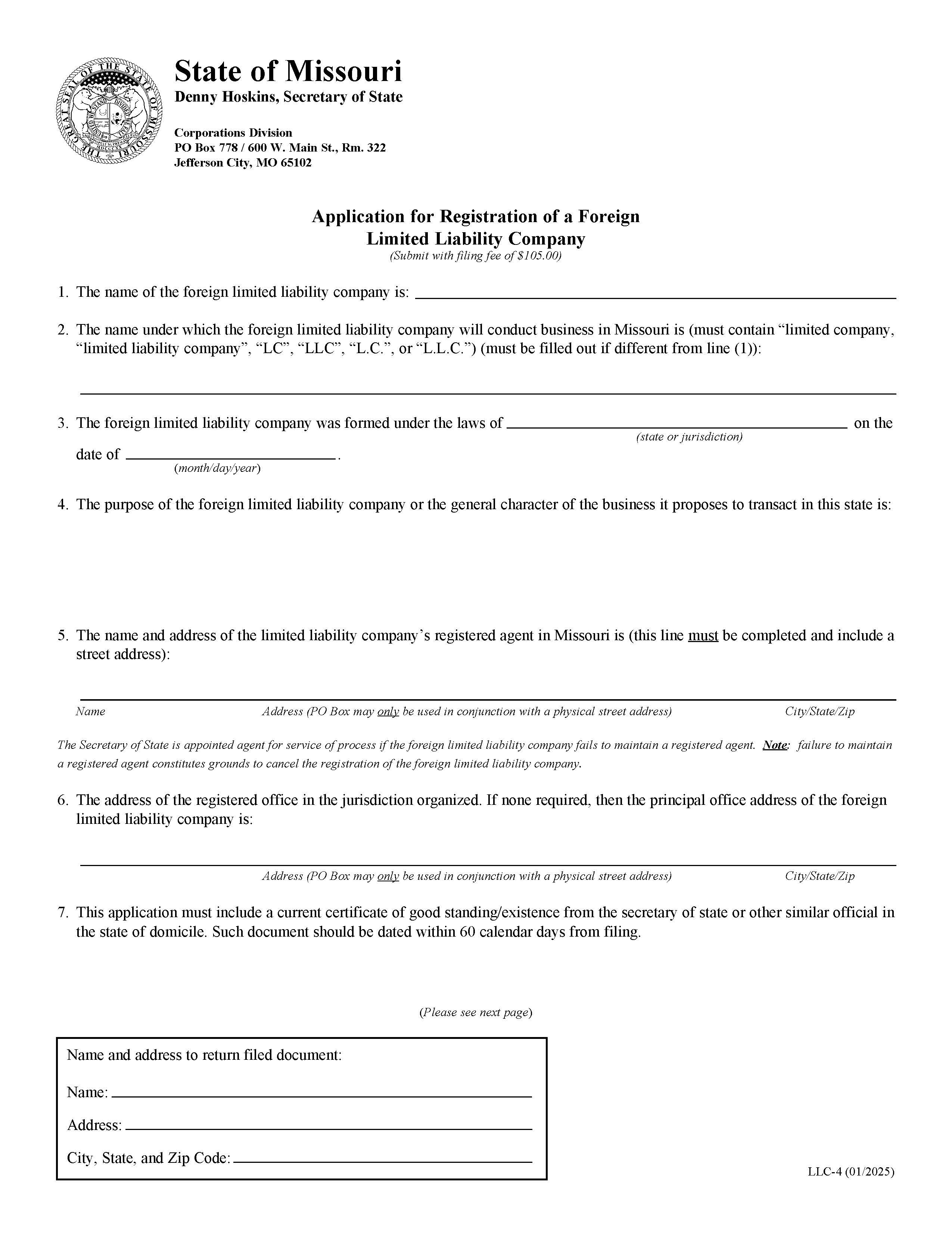 Application For Registration Of A Foreign LLC {LLC 4} | Pdf Fpdf Doc Docx | Missouri