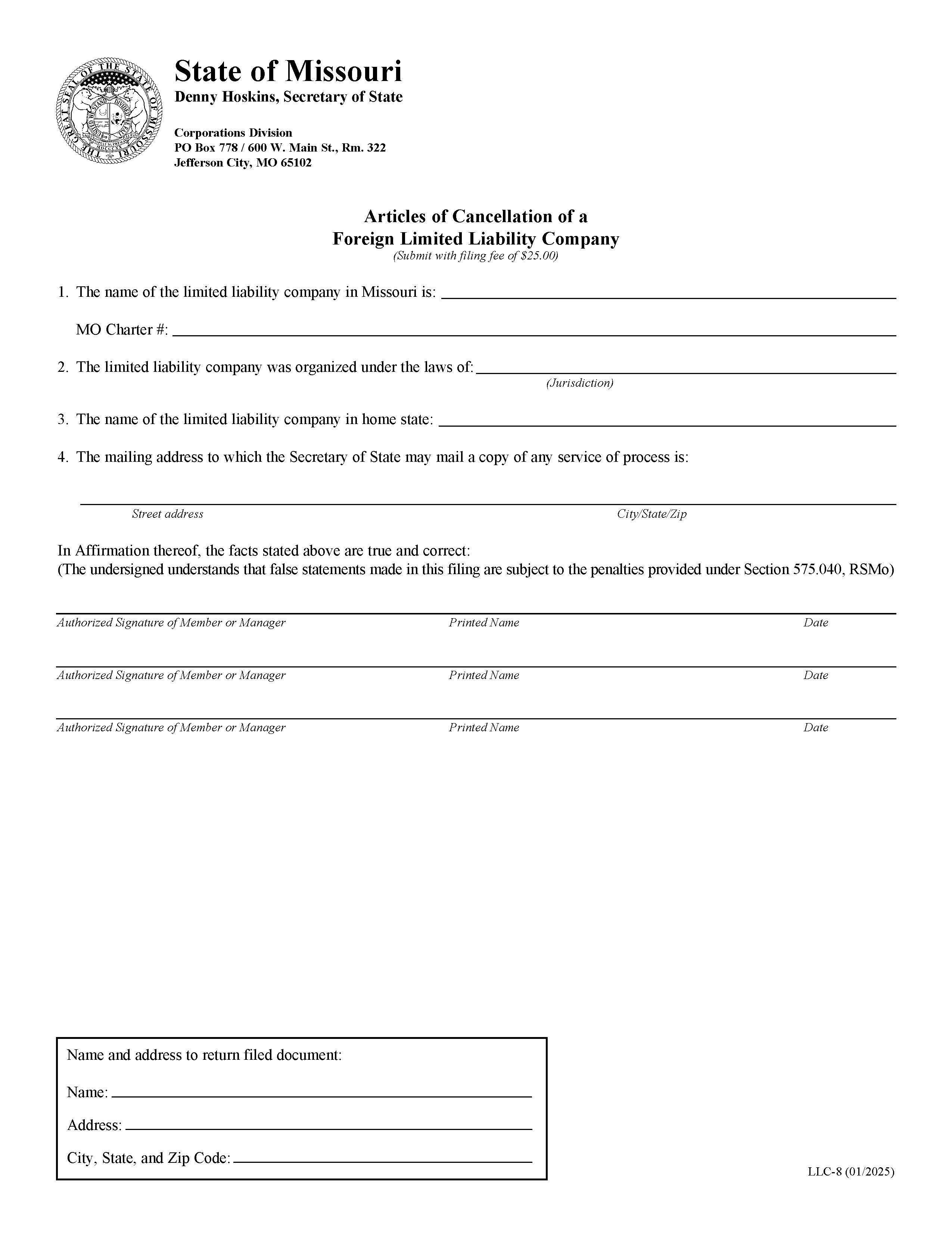 Articles Of Cancellation Of A Foreign Limited Liability Company {LLC-8} | Pdf Fpdf Doc Docx | Missouri