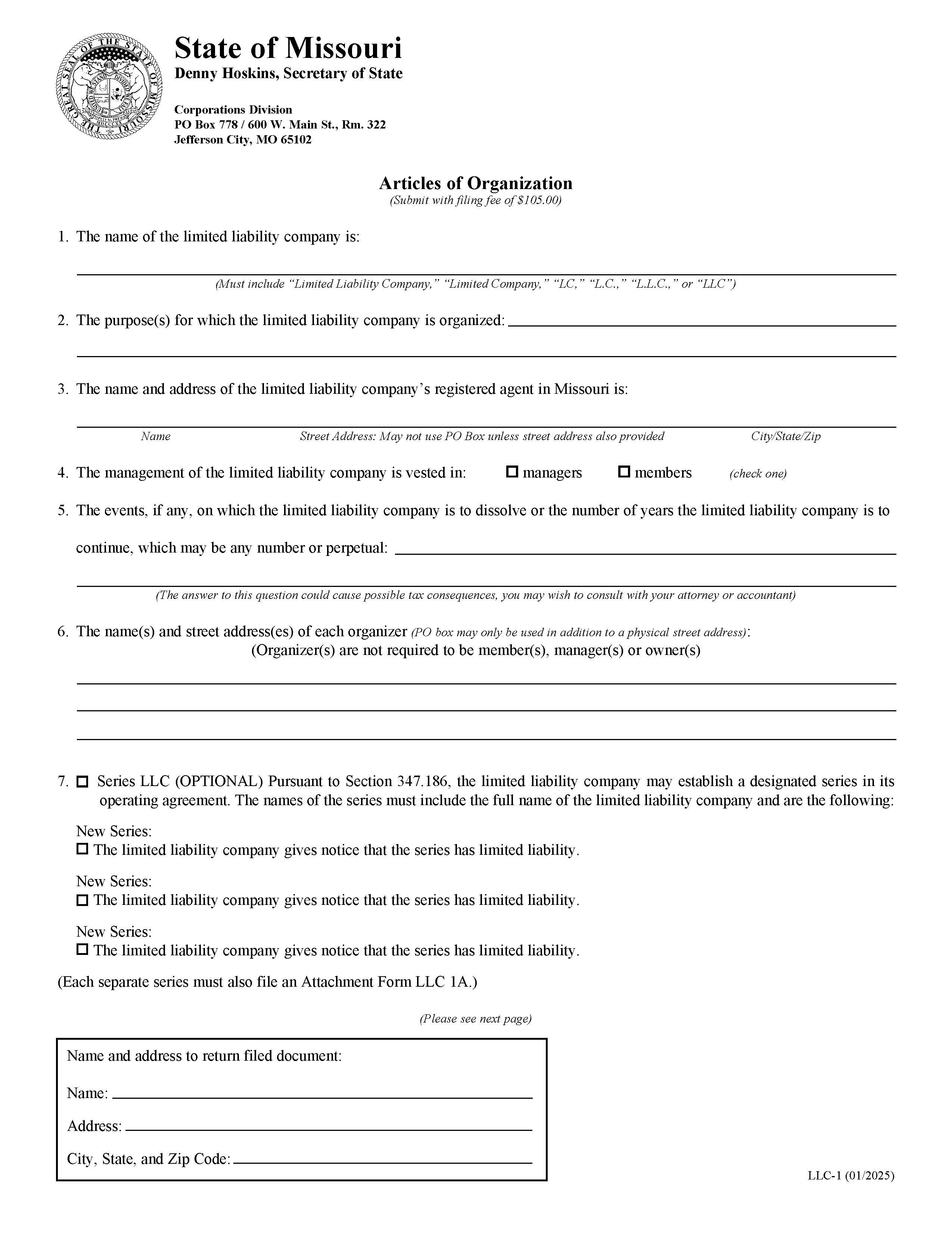Articles Of Organization {LLC 1} | Pdf Fpdf Doc Docx | Missouri