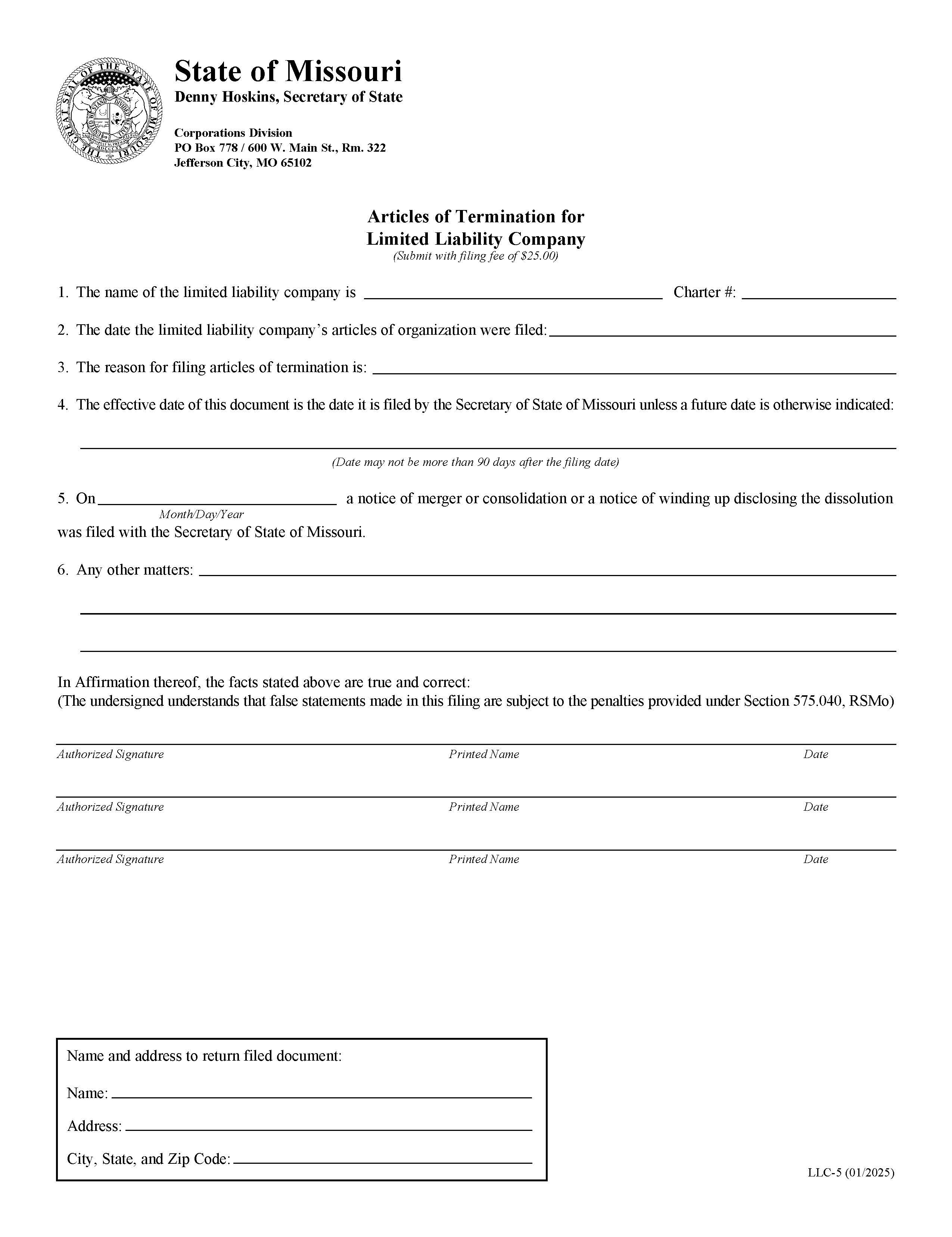 Articles Of Termination For LLC {LLC 5} | Pdf Fpdf Doc Docx | Missouri