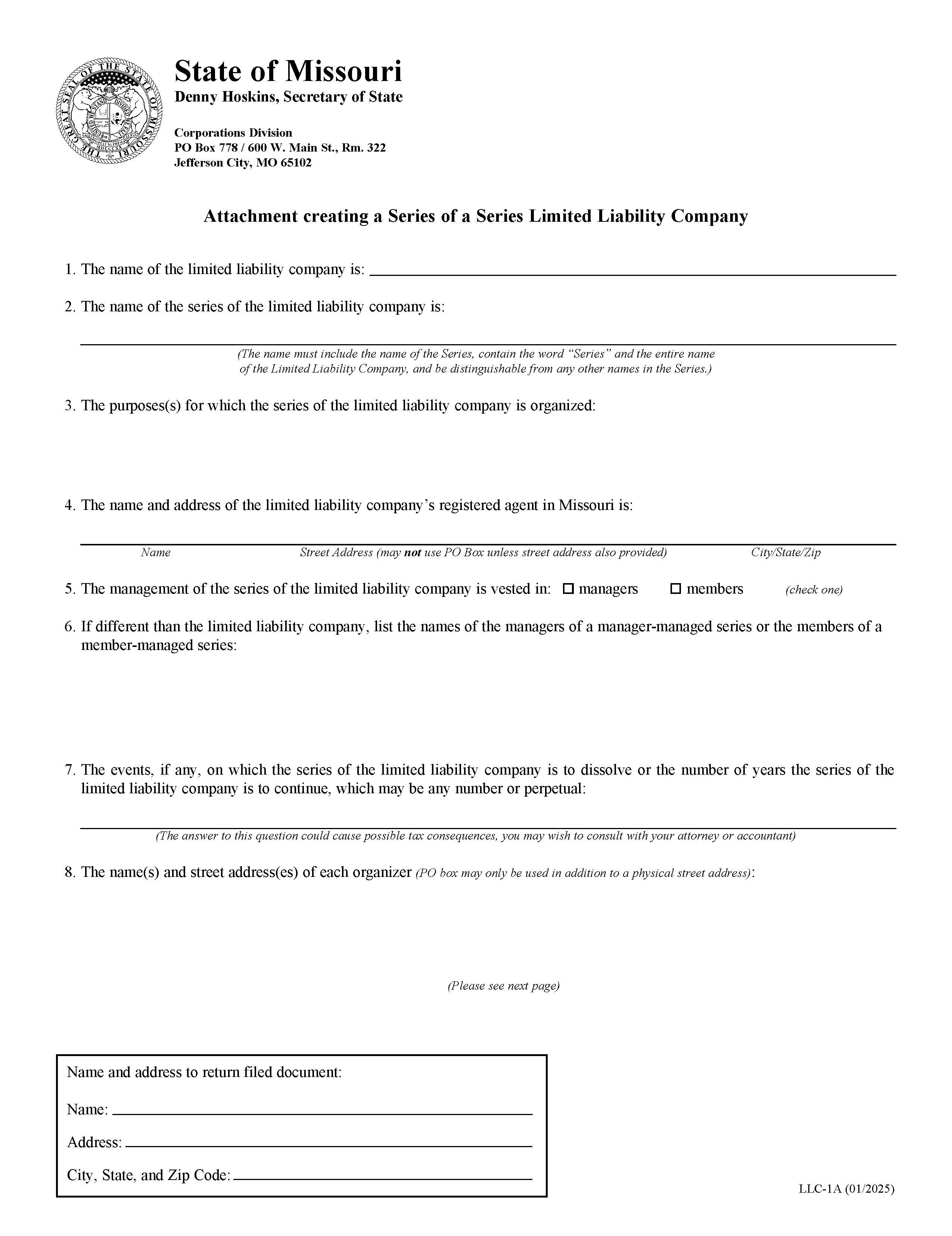 Attachment For Series Of A LLC {LLC-1A} | Pdf Fpdf Doc Docx | Missouri