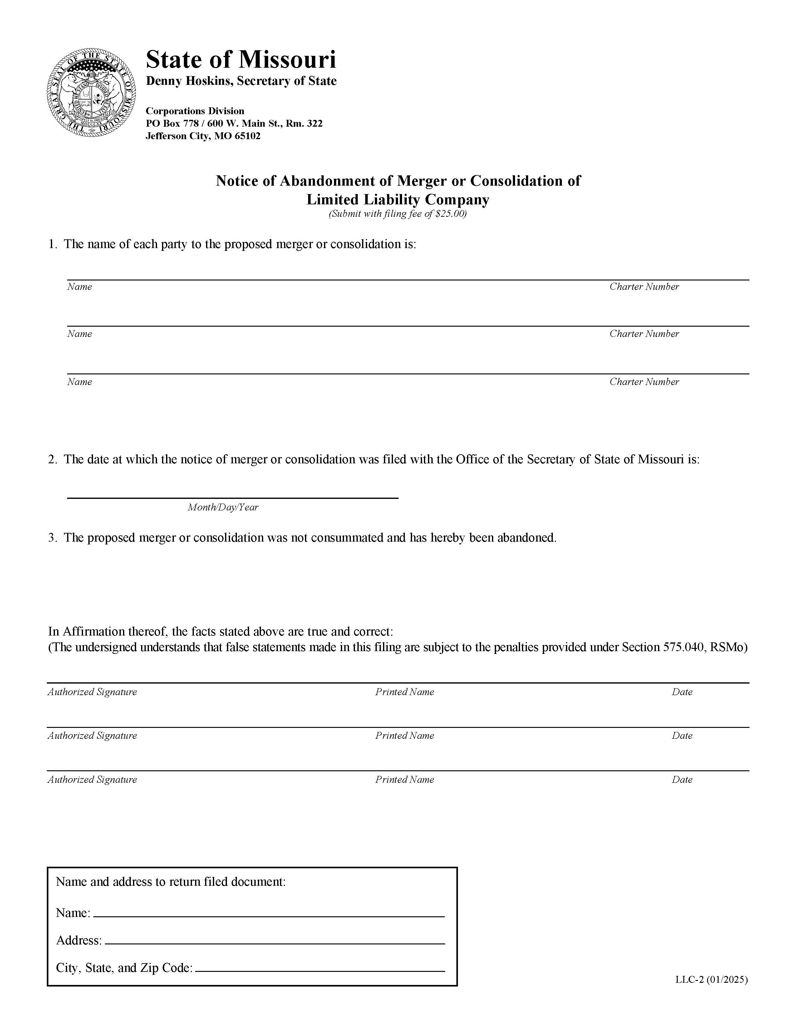 Notice Of Abandonment Of Merger Or Consalidation Of LLC {LLC 2} | Pdf Fpdf Doc Docx | Missouri