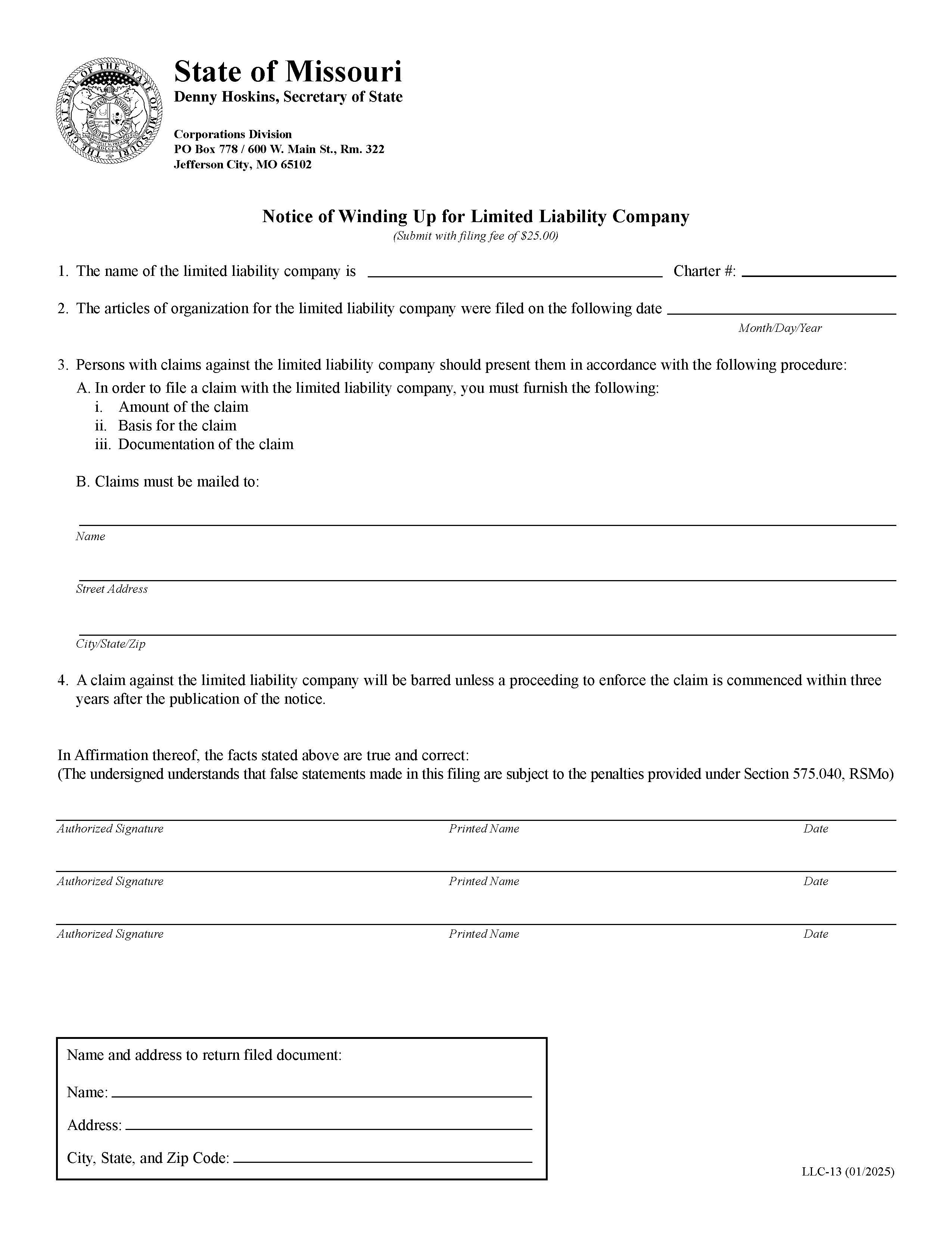 Notice Of Winding Up For Limited Liability Company {LLC 13} | Pdf Fpdf Doc Docx | Missouri