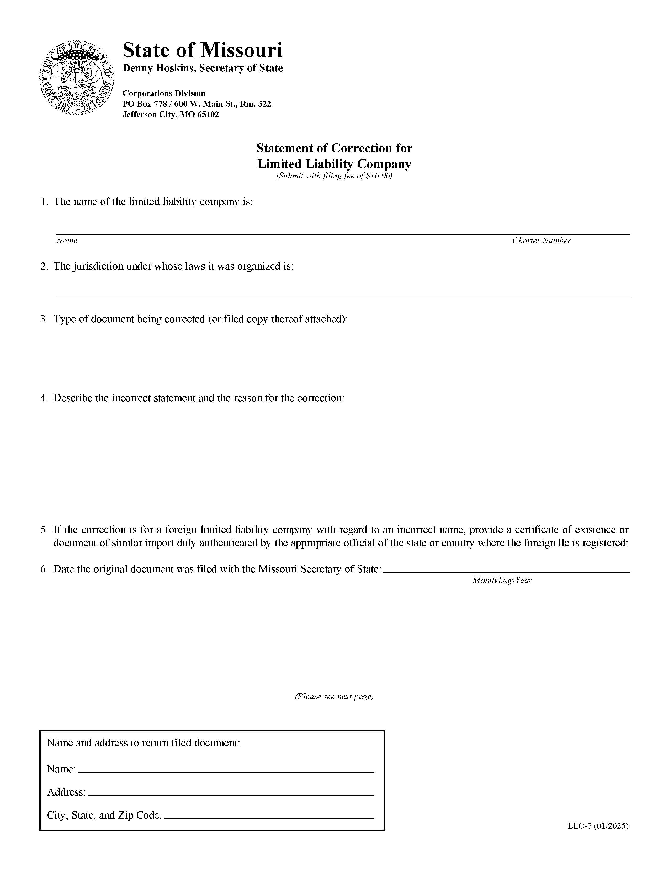 Statement Of Correction For Limited Liability Company {LLC 7} | Pdf Fpdf Doc Docx | Missouri