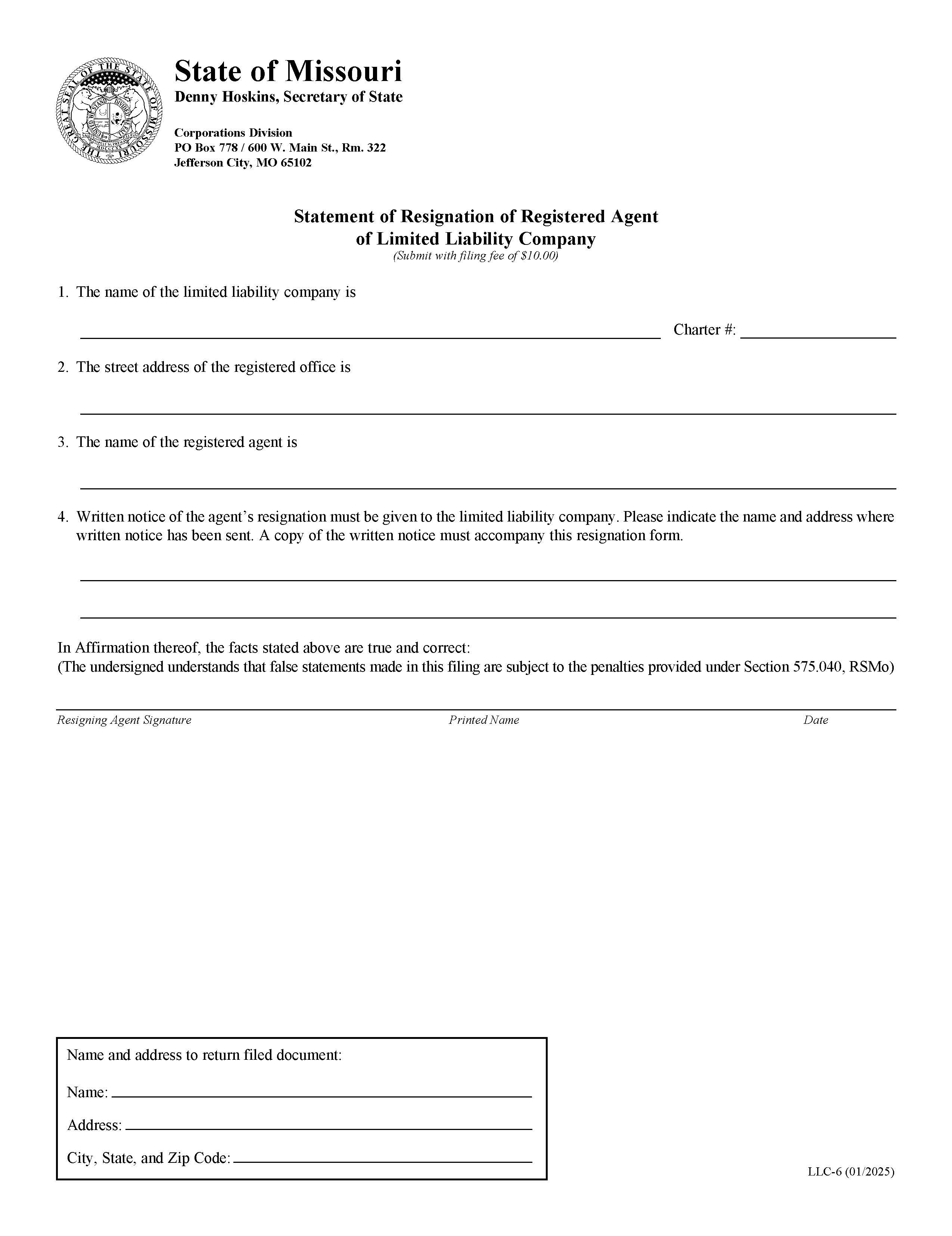 Statement Of Resignation Of Registered Agent Of LLC {LLC 6} | Pdf Fpdf Doc Docx | Missouri