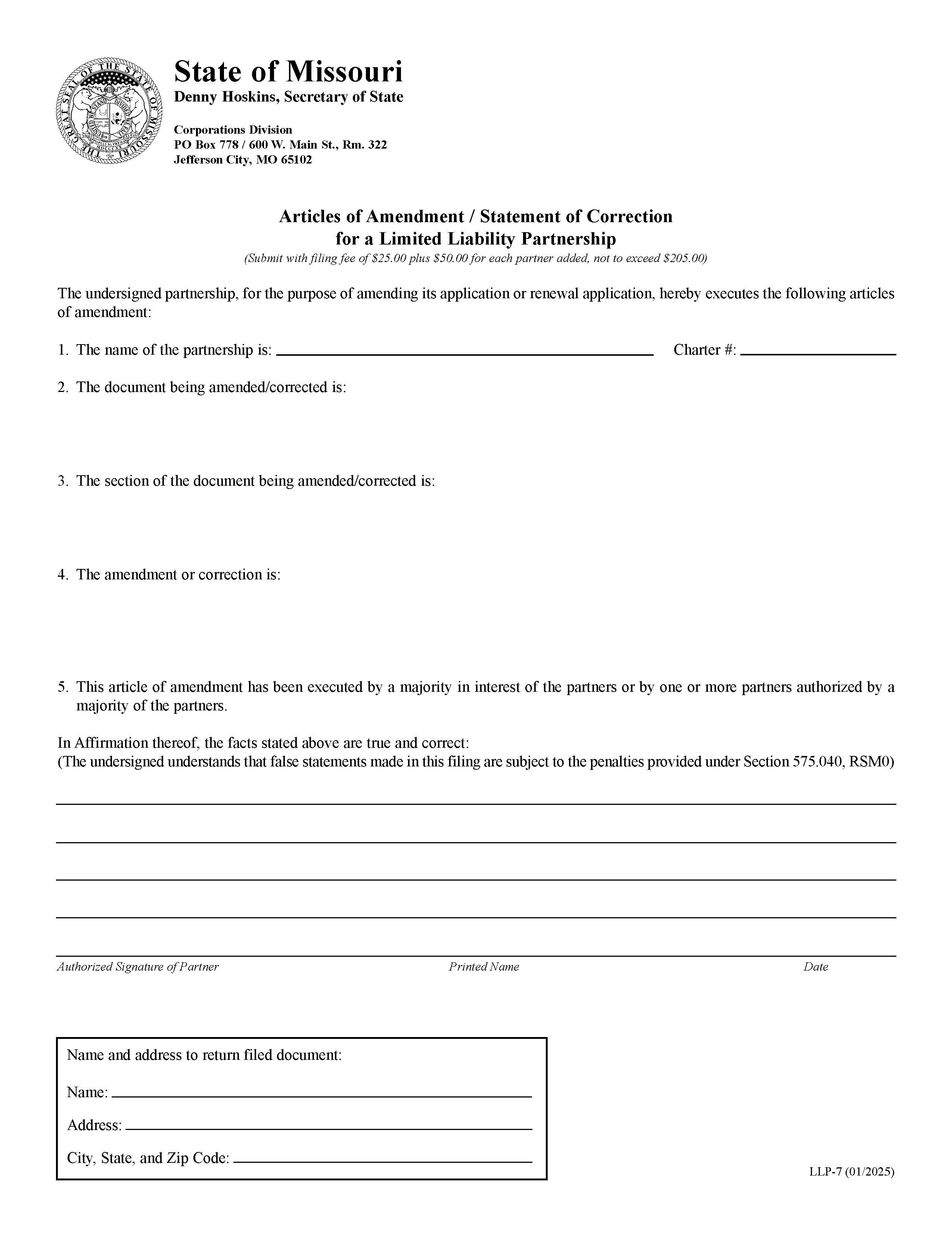 Articles Of Amendment For A Limited Liability Partnership {LLP 7} | Pdf Fpdf Doc Docx | Missouri