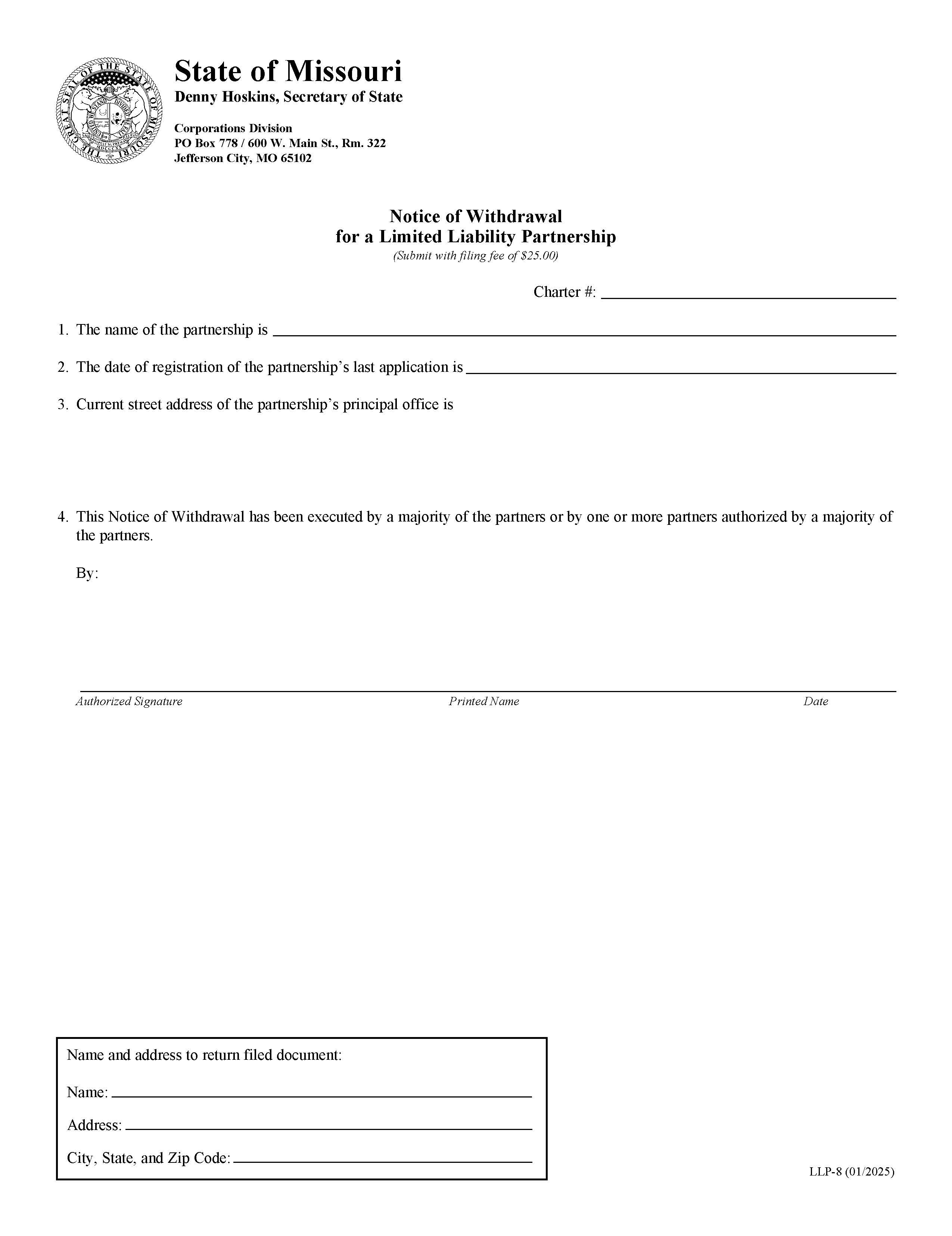 Notice Of Withdrawal For A limited Liability Partnership {LLP 8} | Pdf Fpdf Doc Docx | Missouri