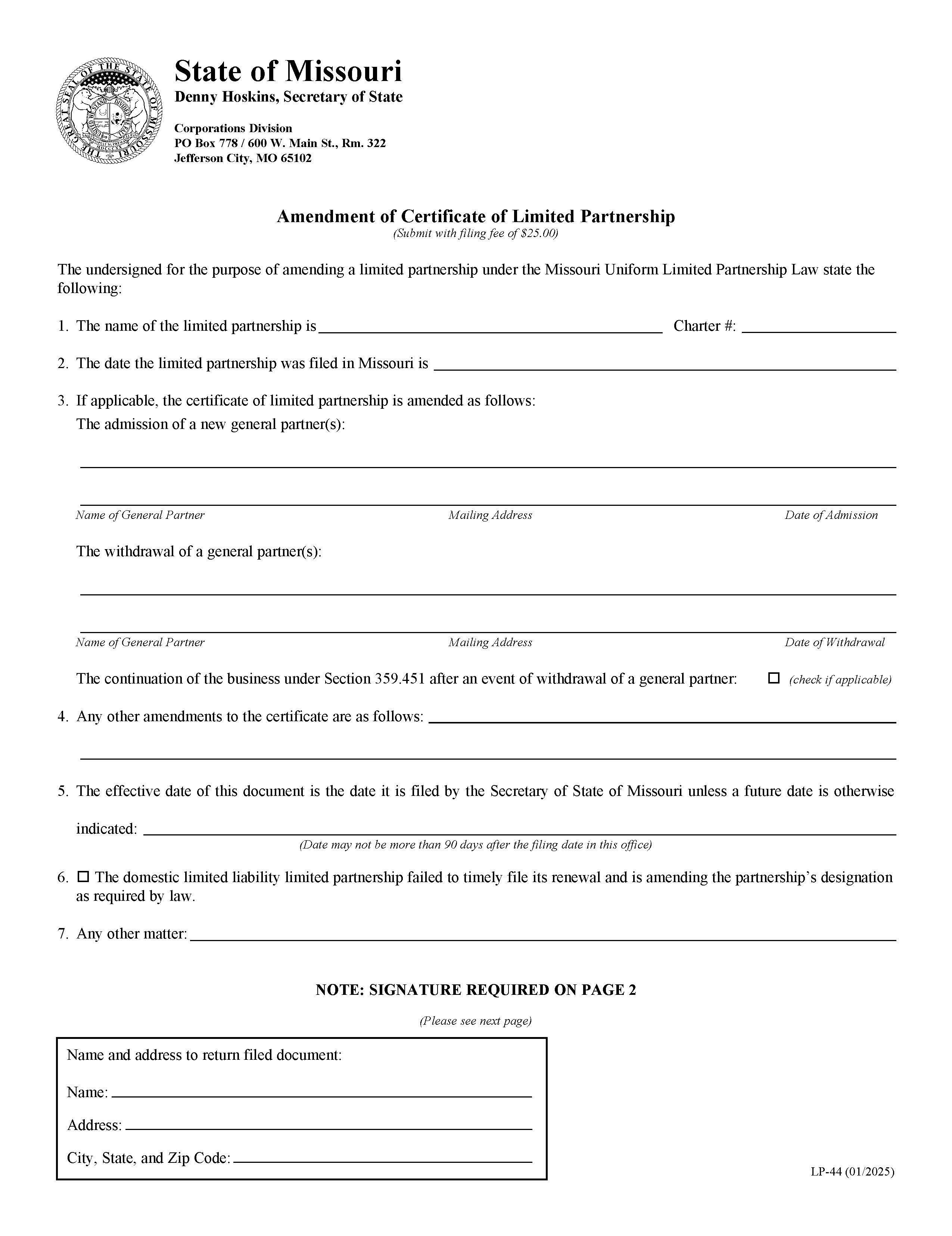 Amendment Of Certificate Of Limited Partnership {LP 44} | Pdf Fpdf Doc Docx | Missouri