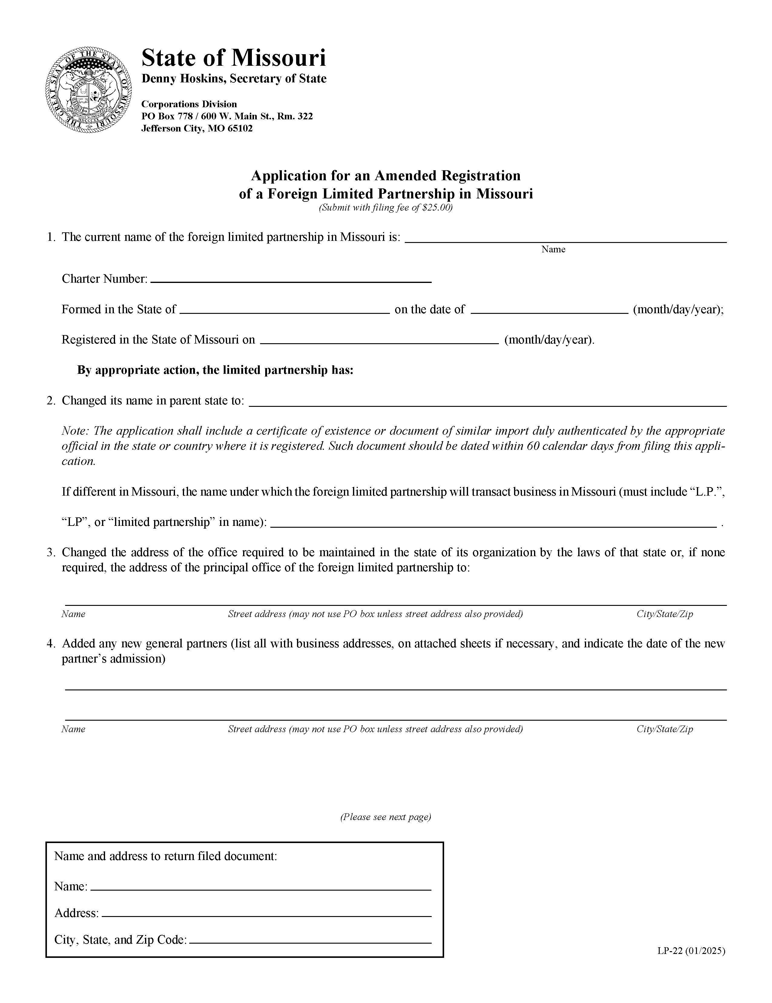 Application For An Amended Registration Of A Foreign Limited Partnership In Missouri {LP 22} | Pdf Fpdf Docx | Missouri