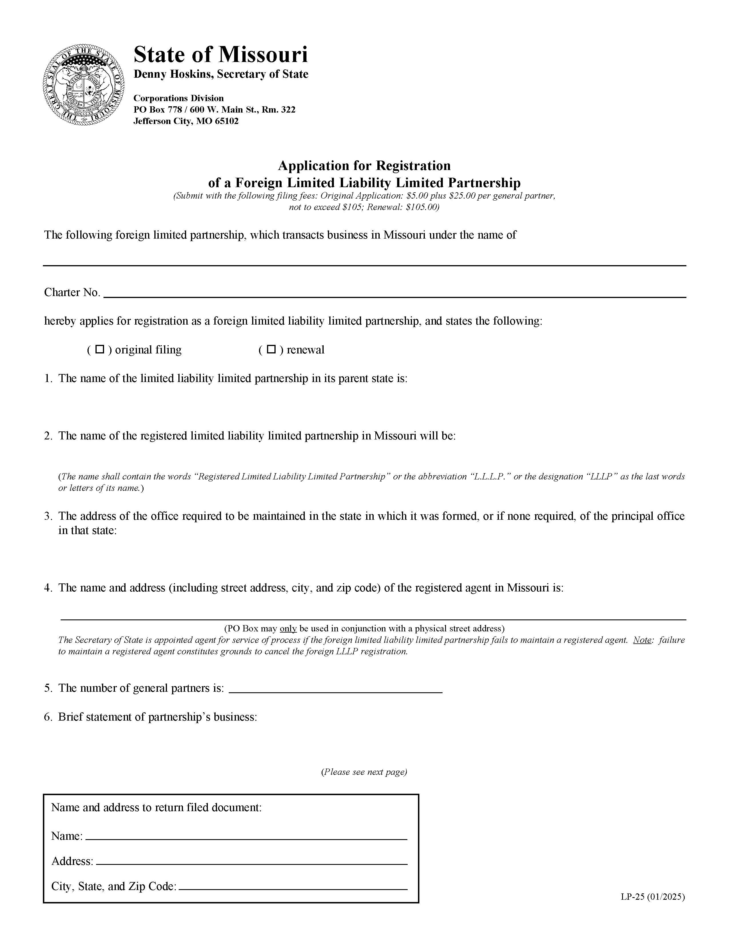 Application For Registration Of A Foreign Limited Liability Limited Partnership {LP 25} | Pdf Fpdf Doc Docx | Missouri