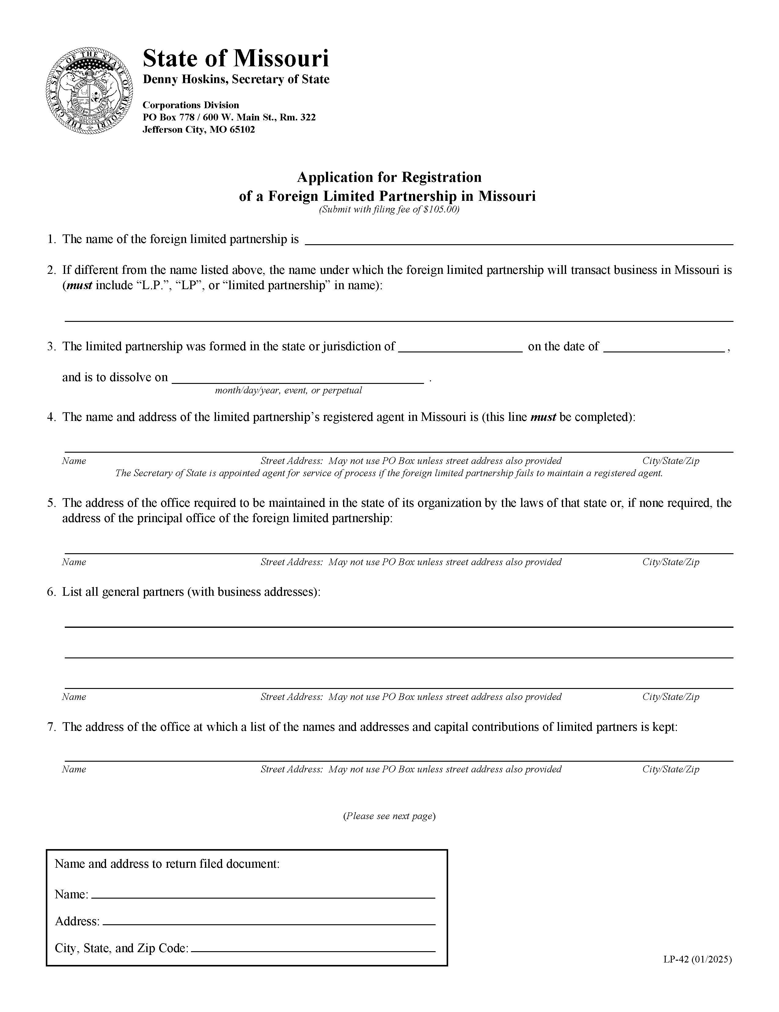 Application For Registration Of A Foreign Limited Partnership In Missouri {LP 42} | Pdf Fpdf Doc Docx | Missouri