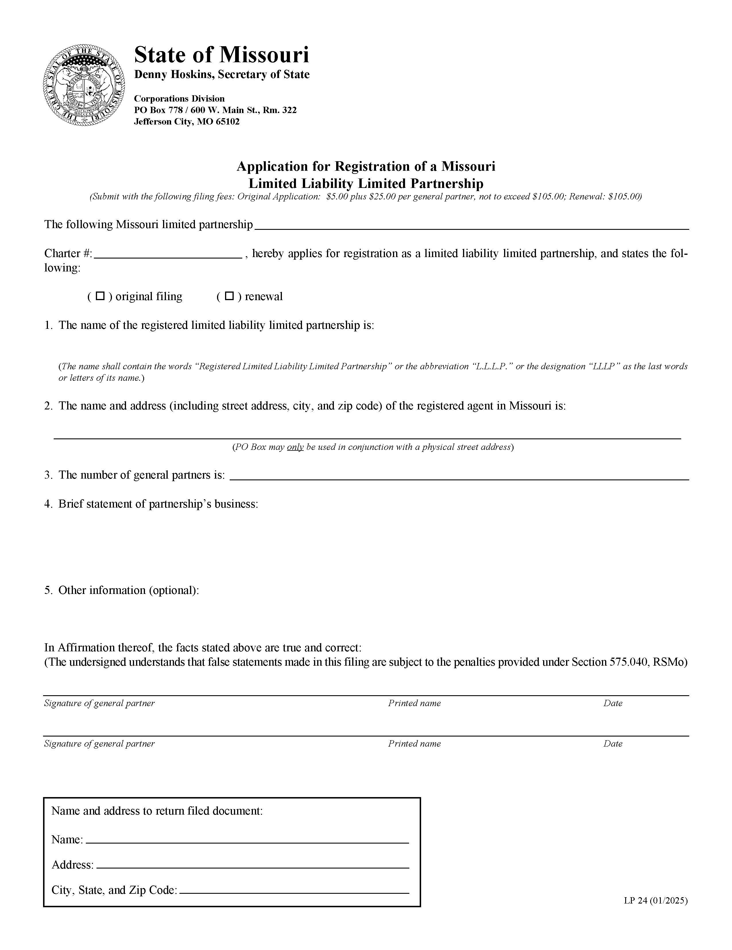 Application For Registration Of A Missouri Limited Liability Limited Partnership {LP 24} | Pdf Fpdf Doc Docx | Missouri