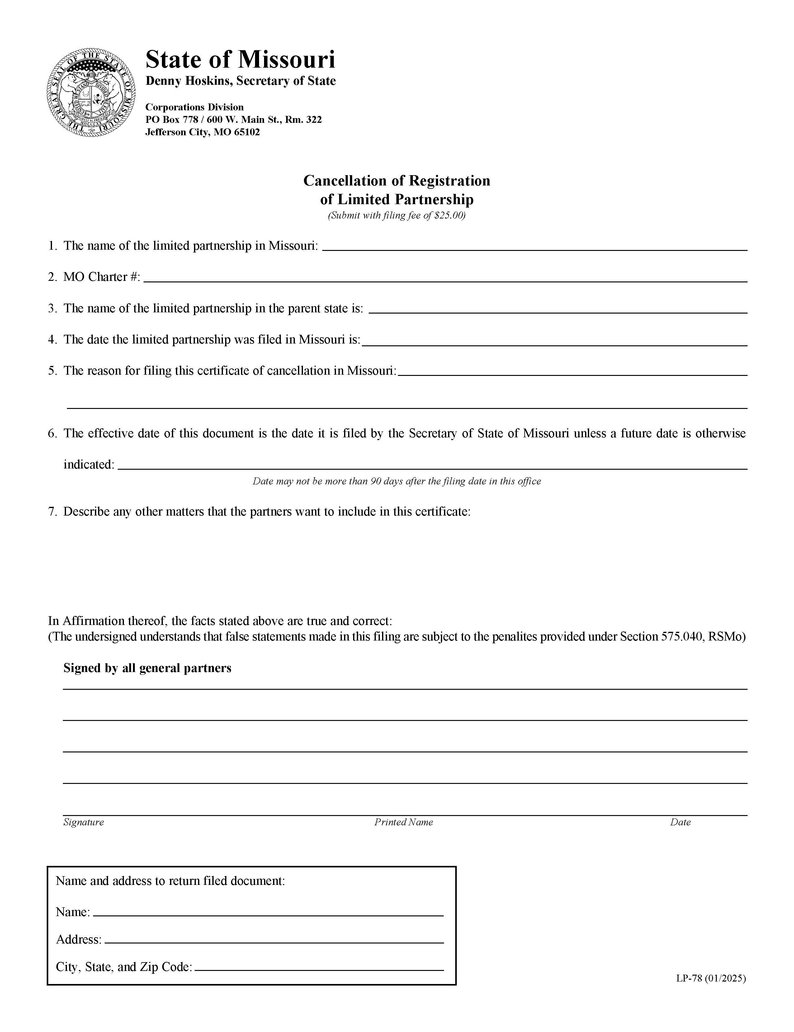 Cancellation Of Registration Of Limited Partnership {LP 78} | Pdf Fpdf Doc Docx | Missouri