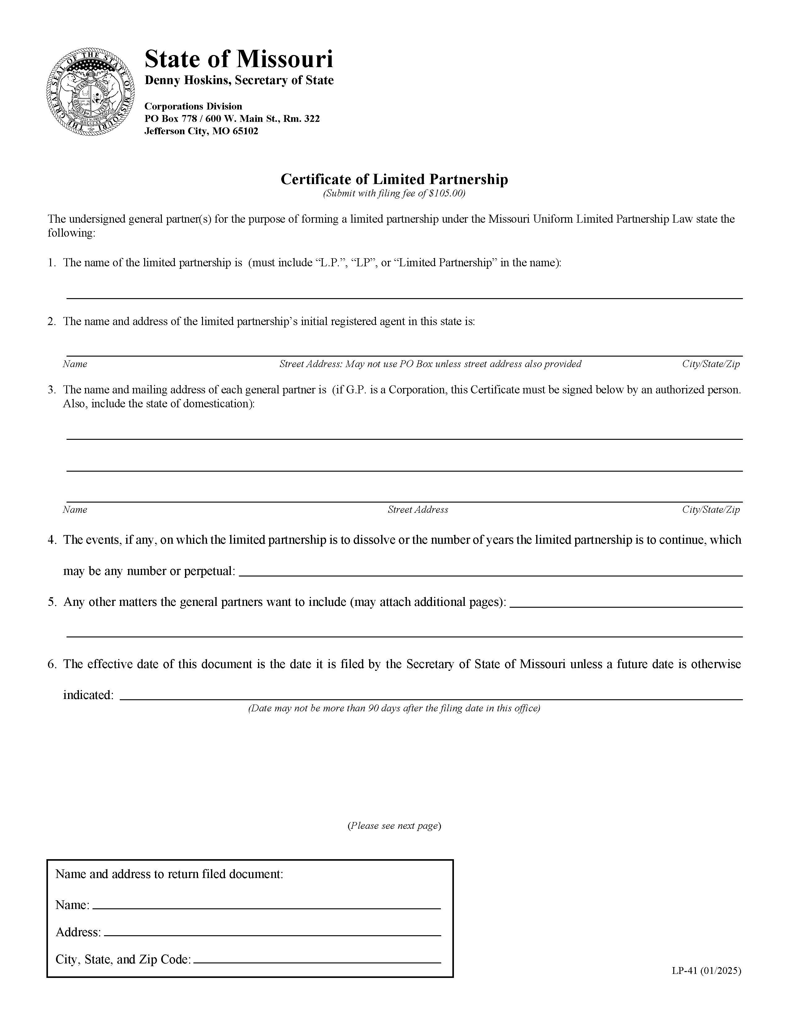 Certificate Of Limited Partnership {LP 41} | Pdf Fpdf Doc Docx | Missouri