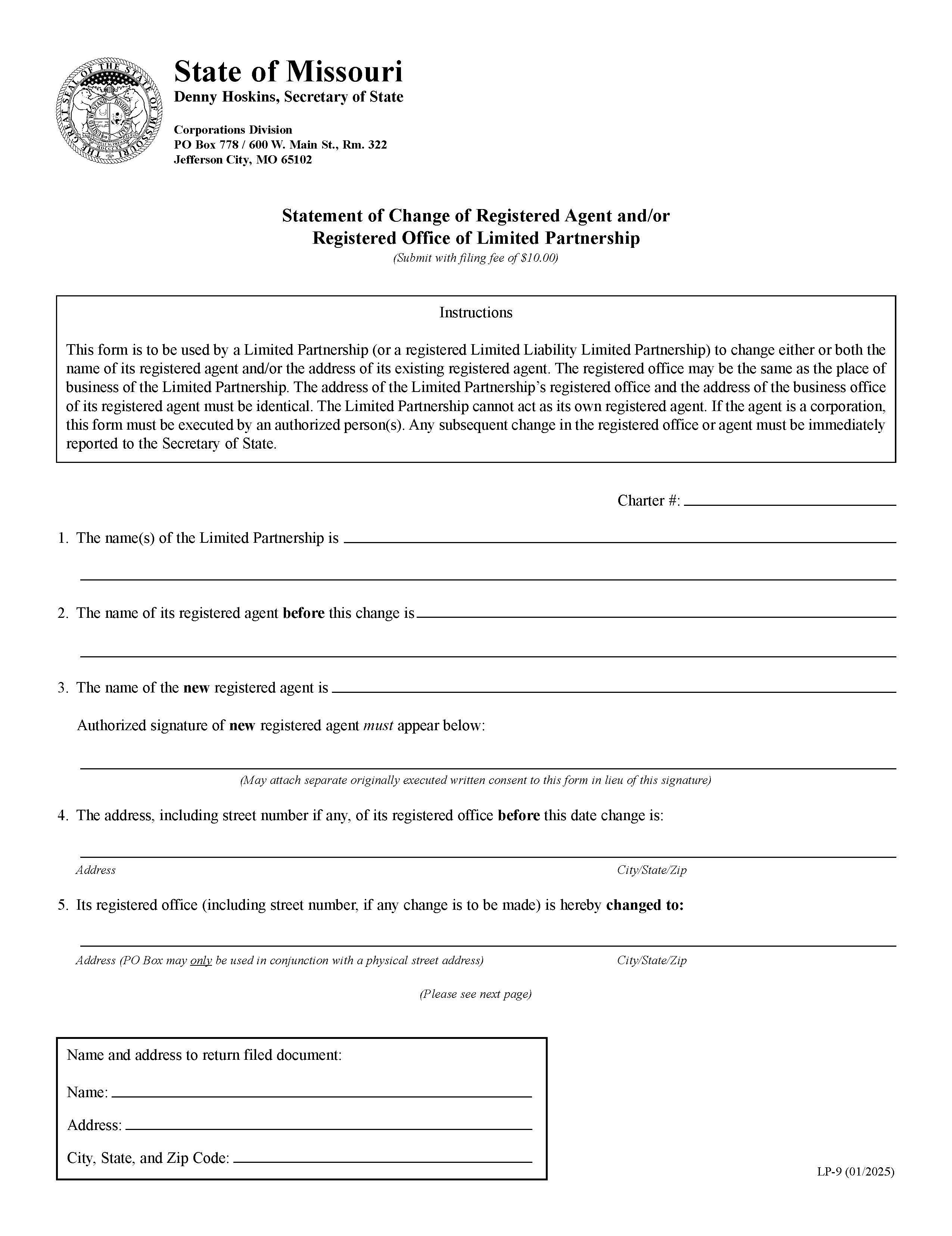 Statement Of Change Of Registered Agent And Or Registered Office Of Limited Partnership {LP 9} | Pdf Fpdf Doc Docx | Missouri