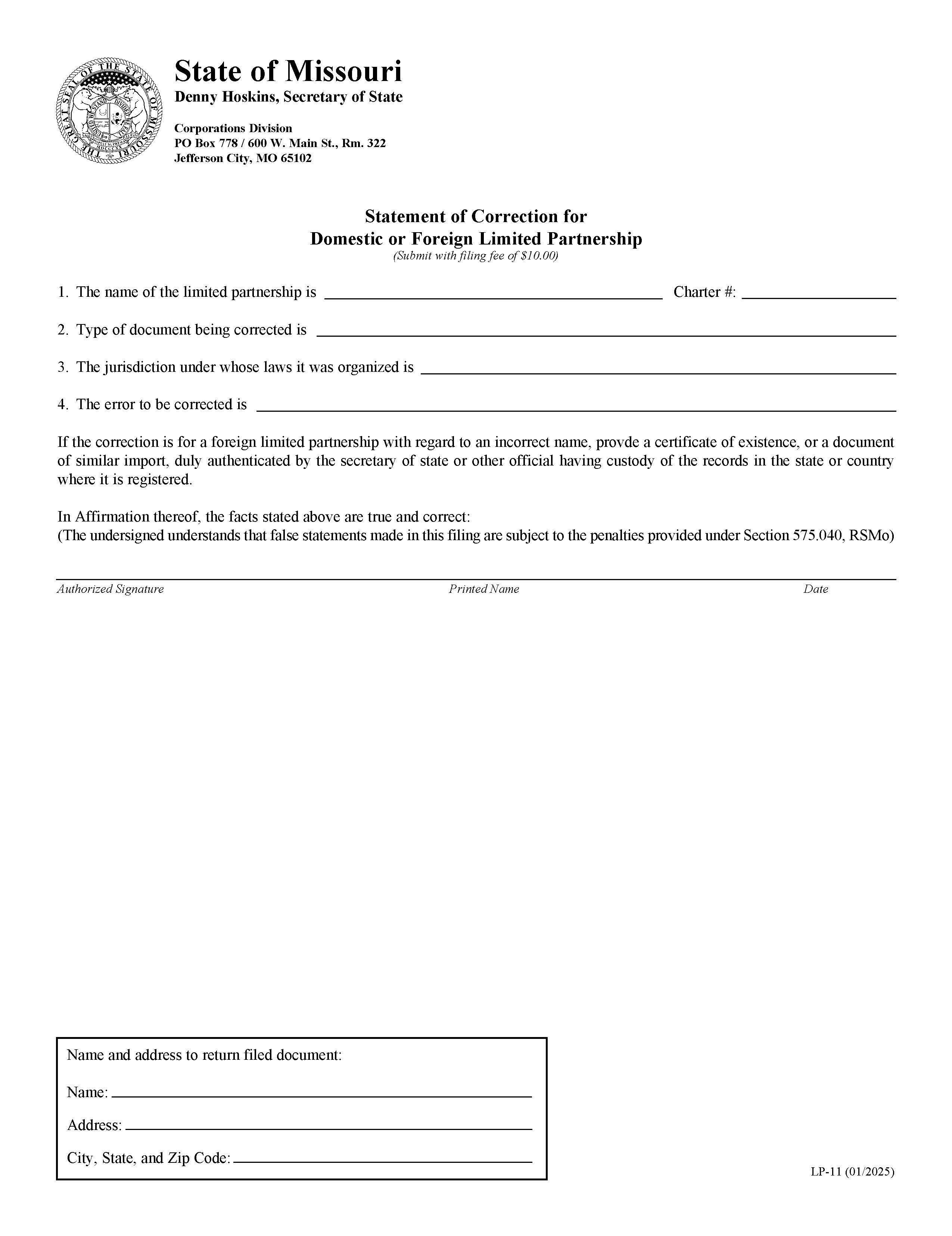 Statement Of Correction For Domestic Or Foreign Limited Partnership {LP 11} | Pdf Fpdf Doc Docx | Missouri