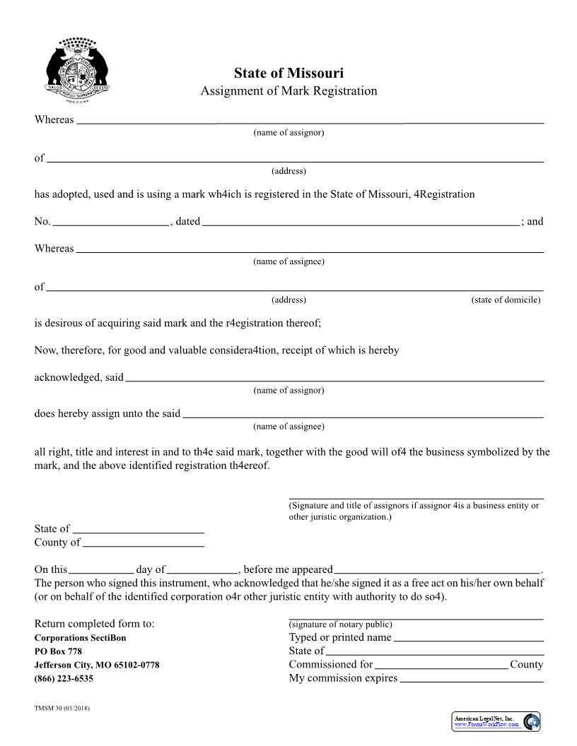 Assignment Of Mark Registration {TMSM 30} | Pdf Fpdf Docx | Missouri