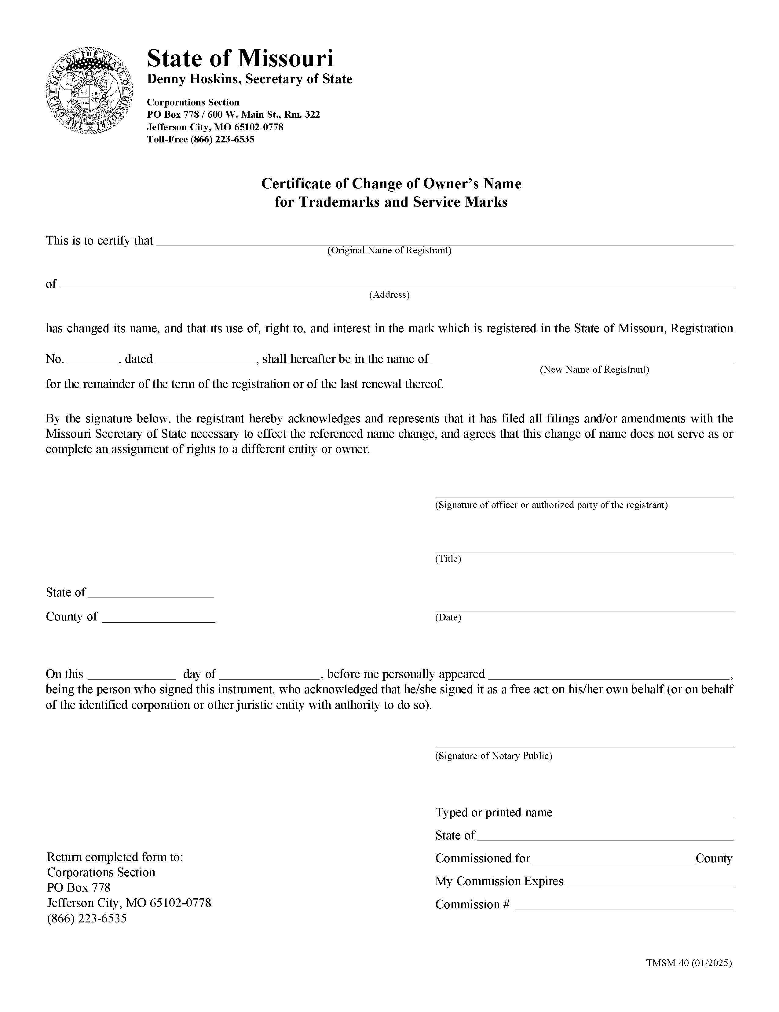 Certificate Of Change Of Owners Name {TMSM 40} | Pdf Fpdf Doc Docx | Missouri