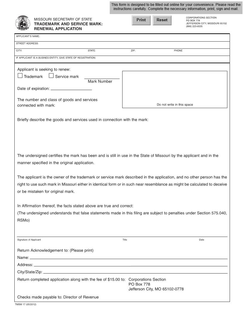 Trademark And Service Mark Renewal Application {TMSM 17} | Pdf Fpdf Docx | Missouri