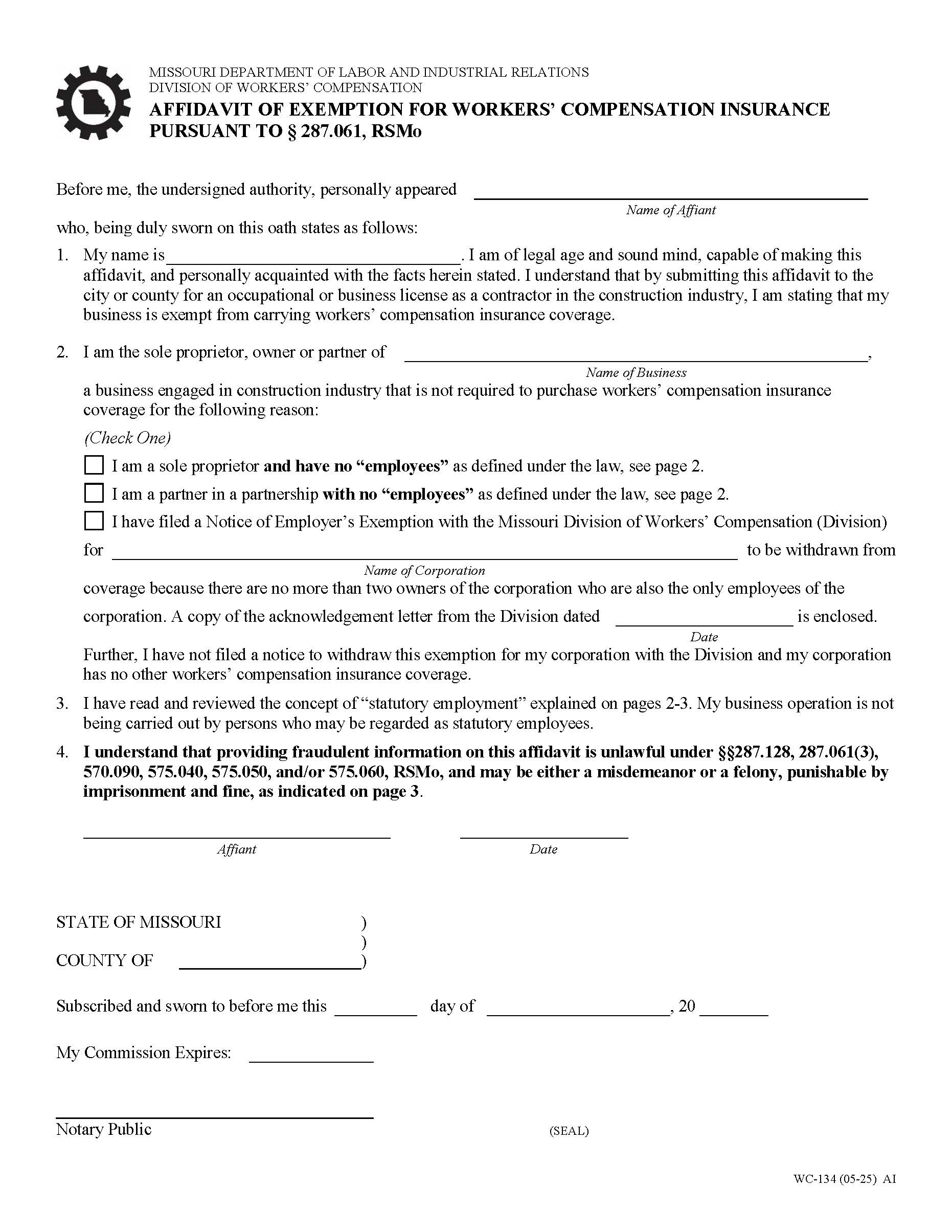 Affidavit Of Exemption For Workers Compensation Insurance {WC-134} | Pdf Fpdf Docx | Missouri