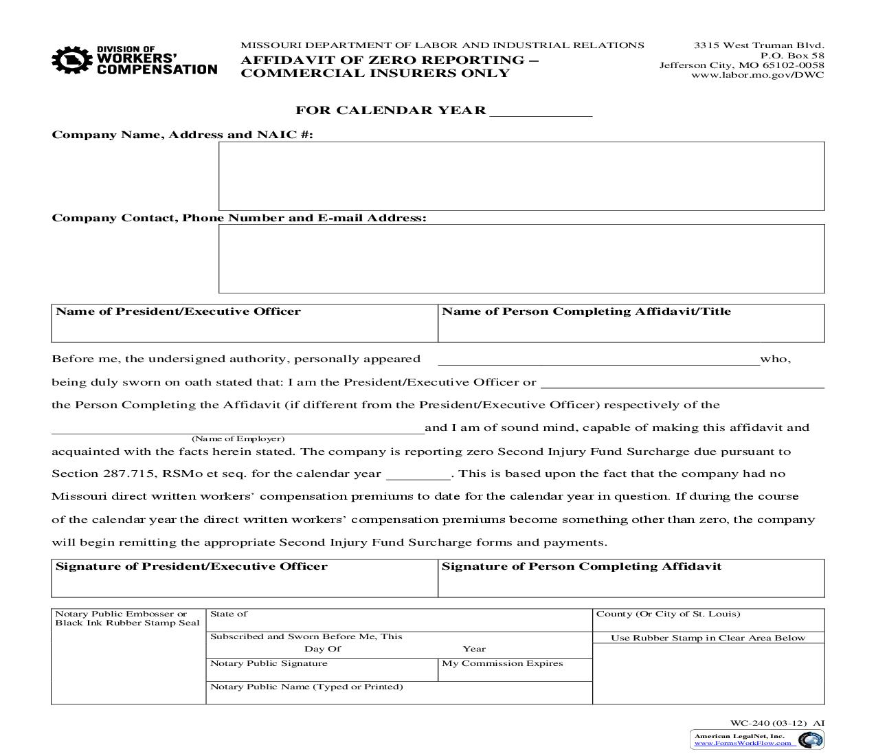 Affidavit Of Zero Reporting - Commercial Insurers Only {WC-240} | Pdf Fpdf Doc Docx | Missouri