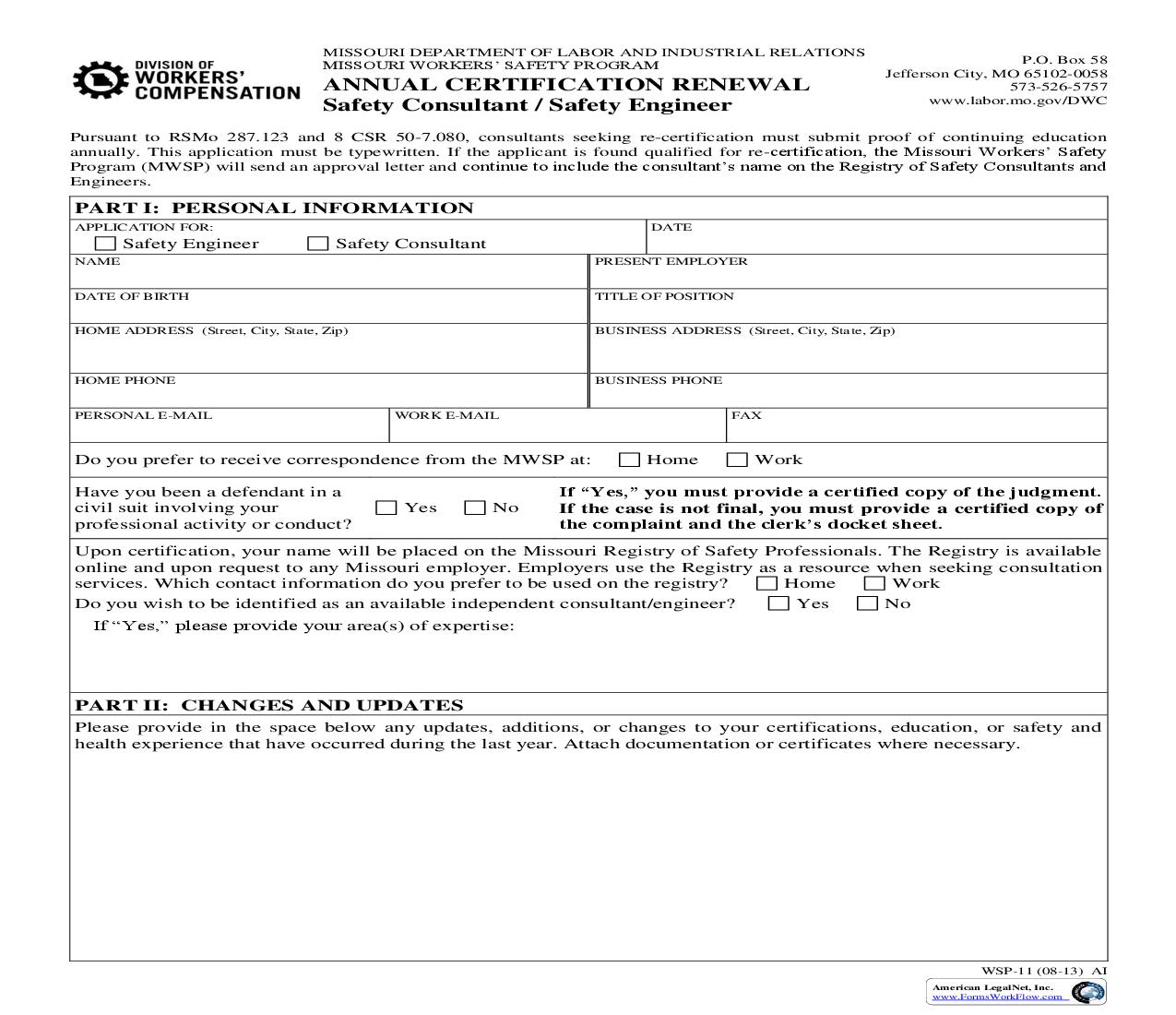 Annual Certificate Renewal {WSP-11} | Pdf Fpdf Doc Docx | Missouri