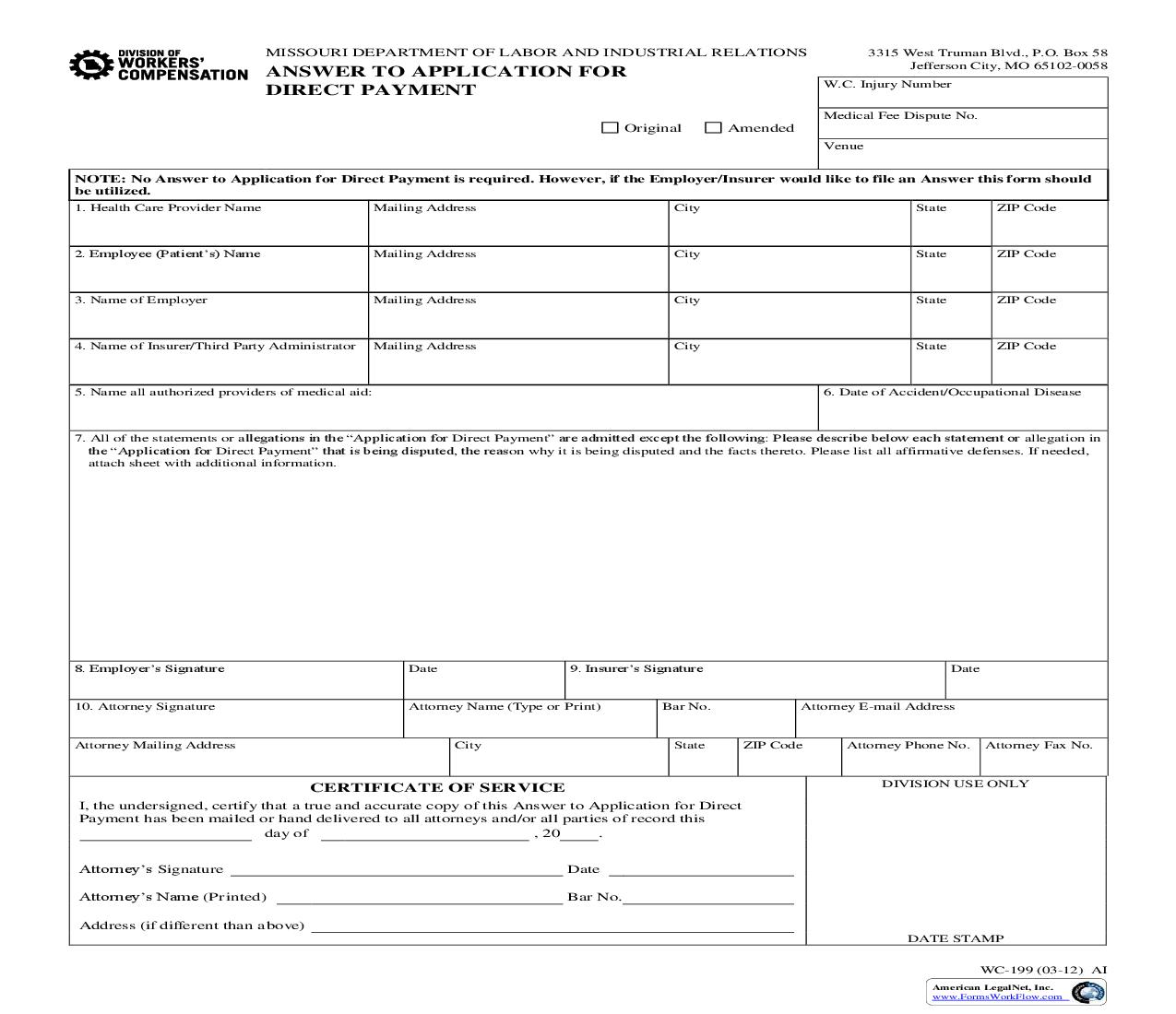 Answer To Application For Direct Payment {WC-199} | Pdf Fpdf Doc Docx | Missouri