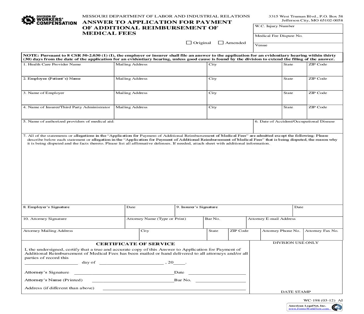 Answer To Application For Payment Of Additional Reimbursement Of Medical Fees {WC-198} | Pdf Fpdf Doc Docx | Missouri