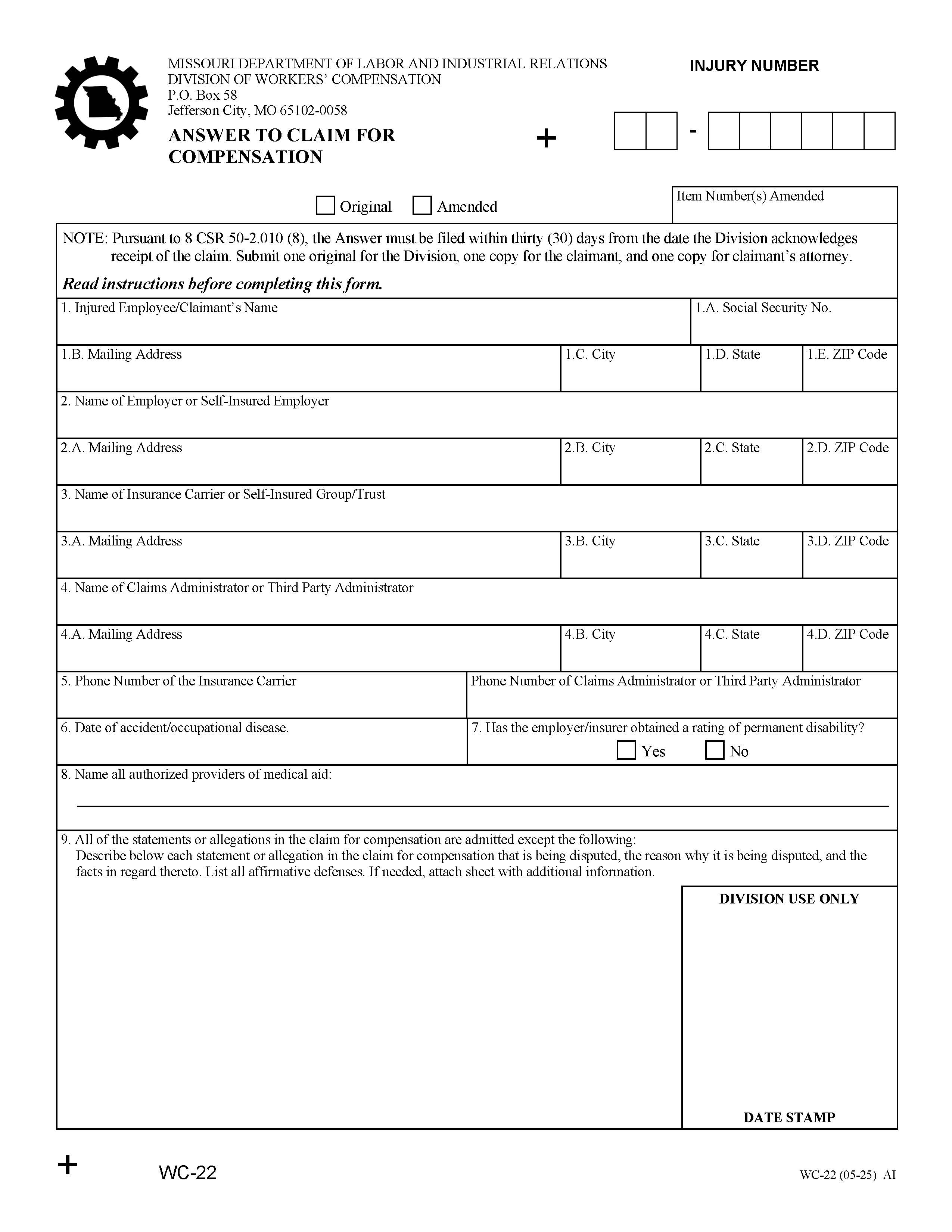Answer To Claim For Compensation {WC-22} | Pdf Fpdf Doc Docx | Missouri