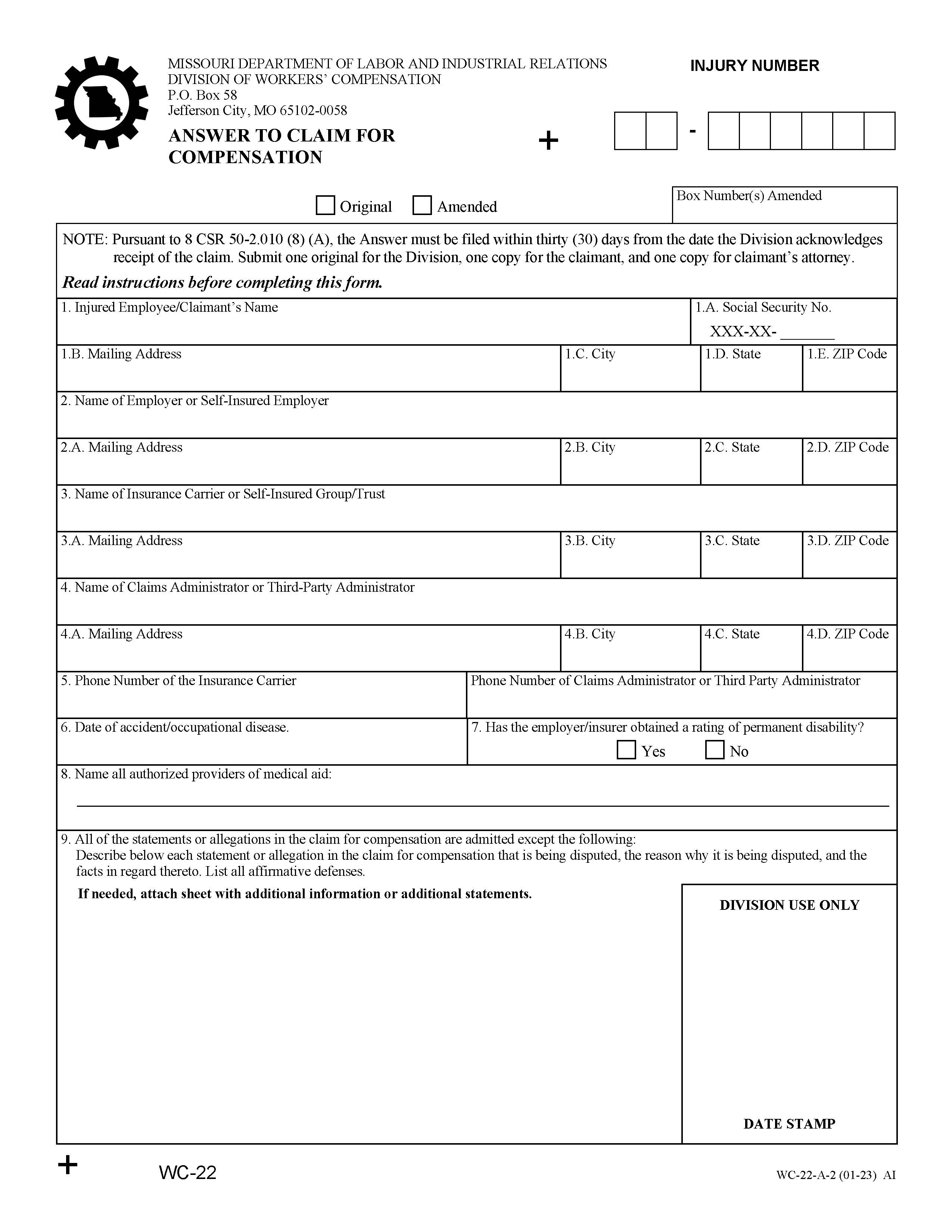Answer To Claim For Compensation After 12-31-13 {WC-22-A} | Pdf Fpdf Doc Docx | Missouri
