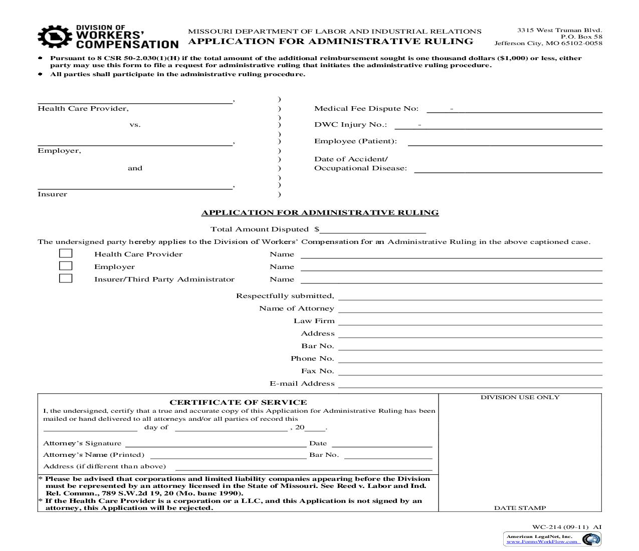 Application For Administrative Ruling {WC-214} | Pdf Fpdf Doc Docx | Missouri