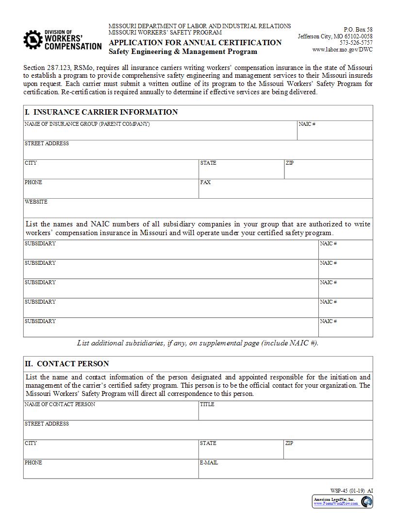 Application For Annual Certification {WSP-45} | Pdf Fpdf Docx | Missouri