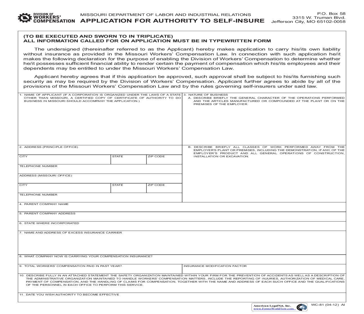 Application For Authority To Self Insure {WC-81} | Pdf Fpdf Doc Docx | Missouri