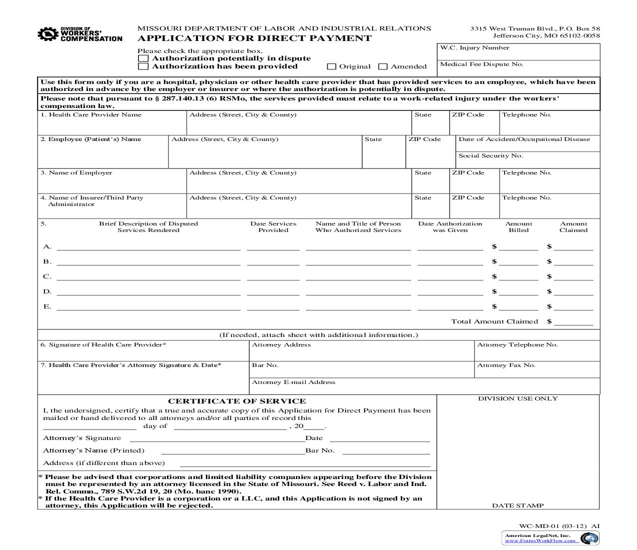 Application For Direct Payment {WC-MD-01} | Pdf Fpdf Doc Docx | Missouri