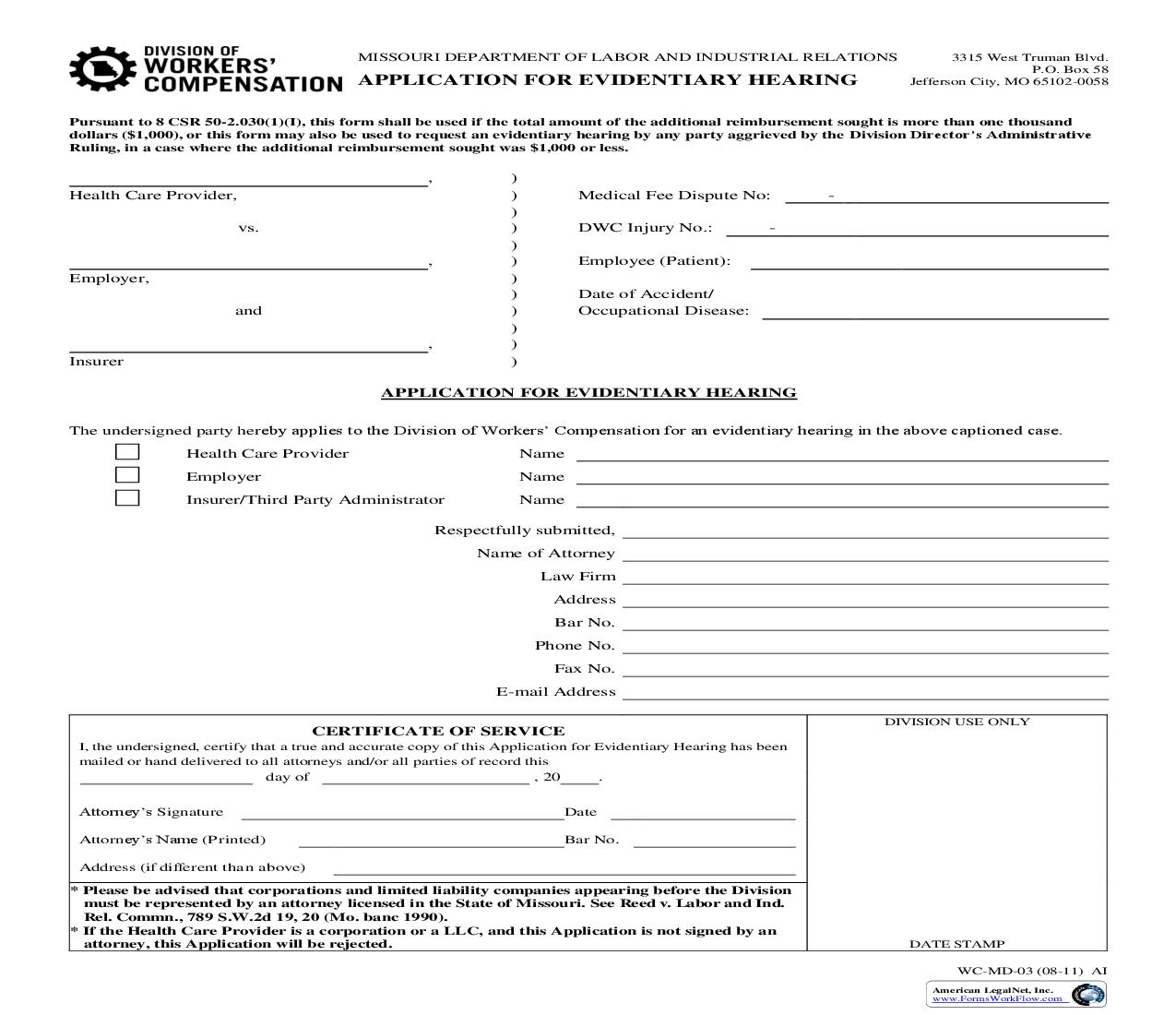 Application For Evidentiary Hearing {WC-MD-03} | Pdf Fpdf Doc Docx | Missouri