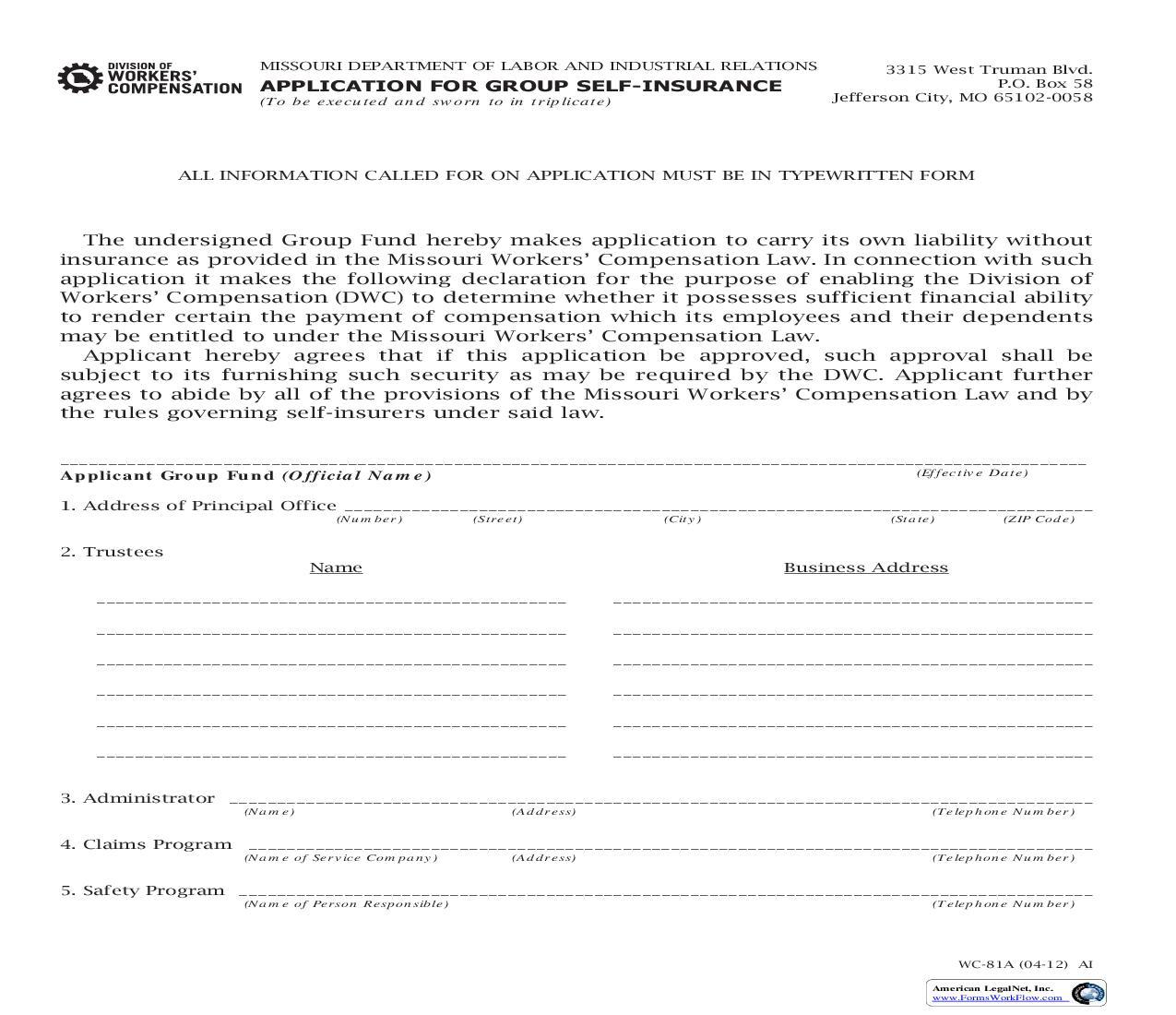 Application For Group Self Insurance {WC-81A} | Pdf Fpdf Doc Docx | Missouri