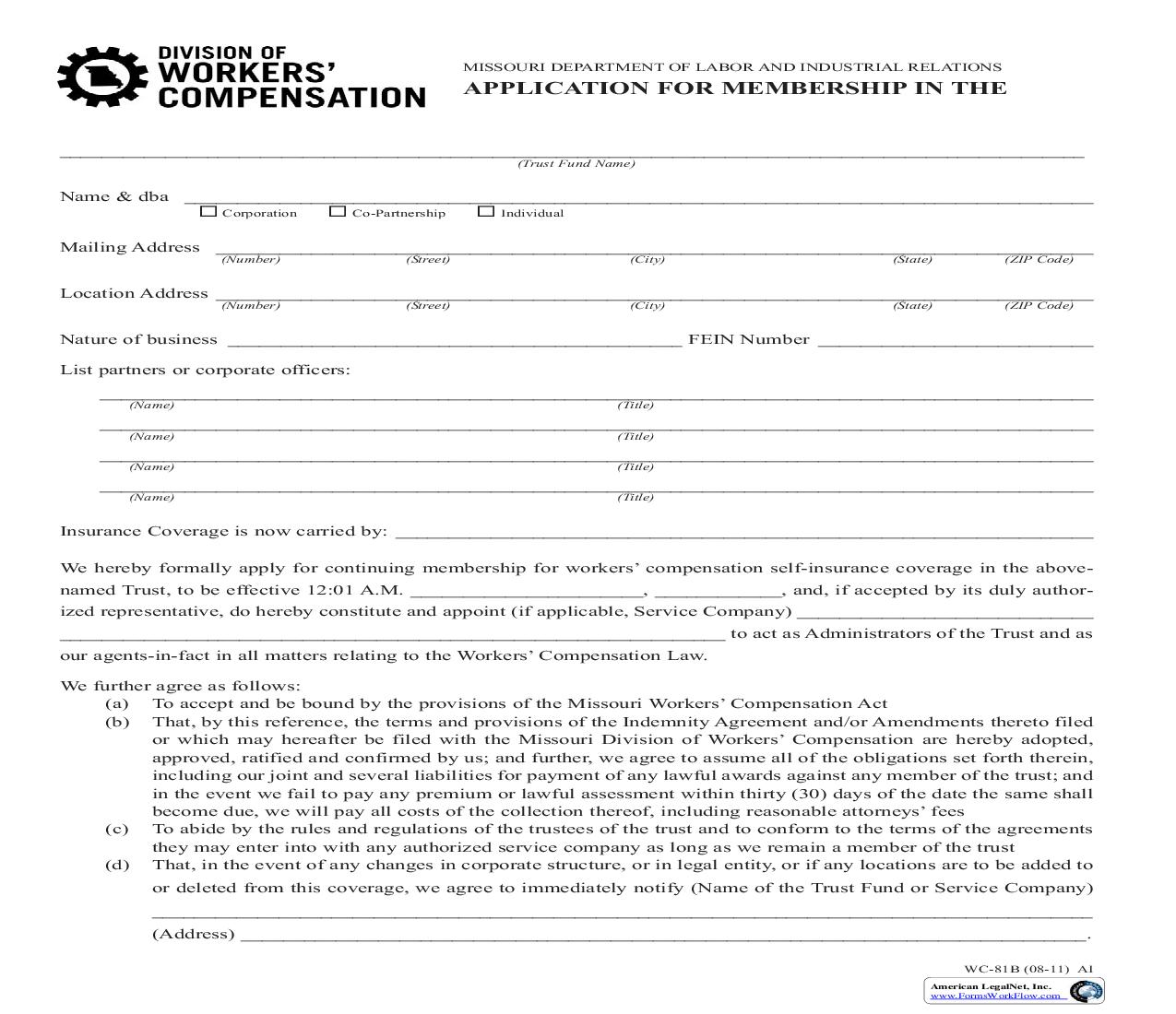 Application For Membership {WC-81B} | Pdf Fpdf Doc Docx | Missouri