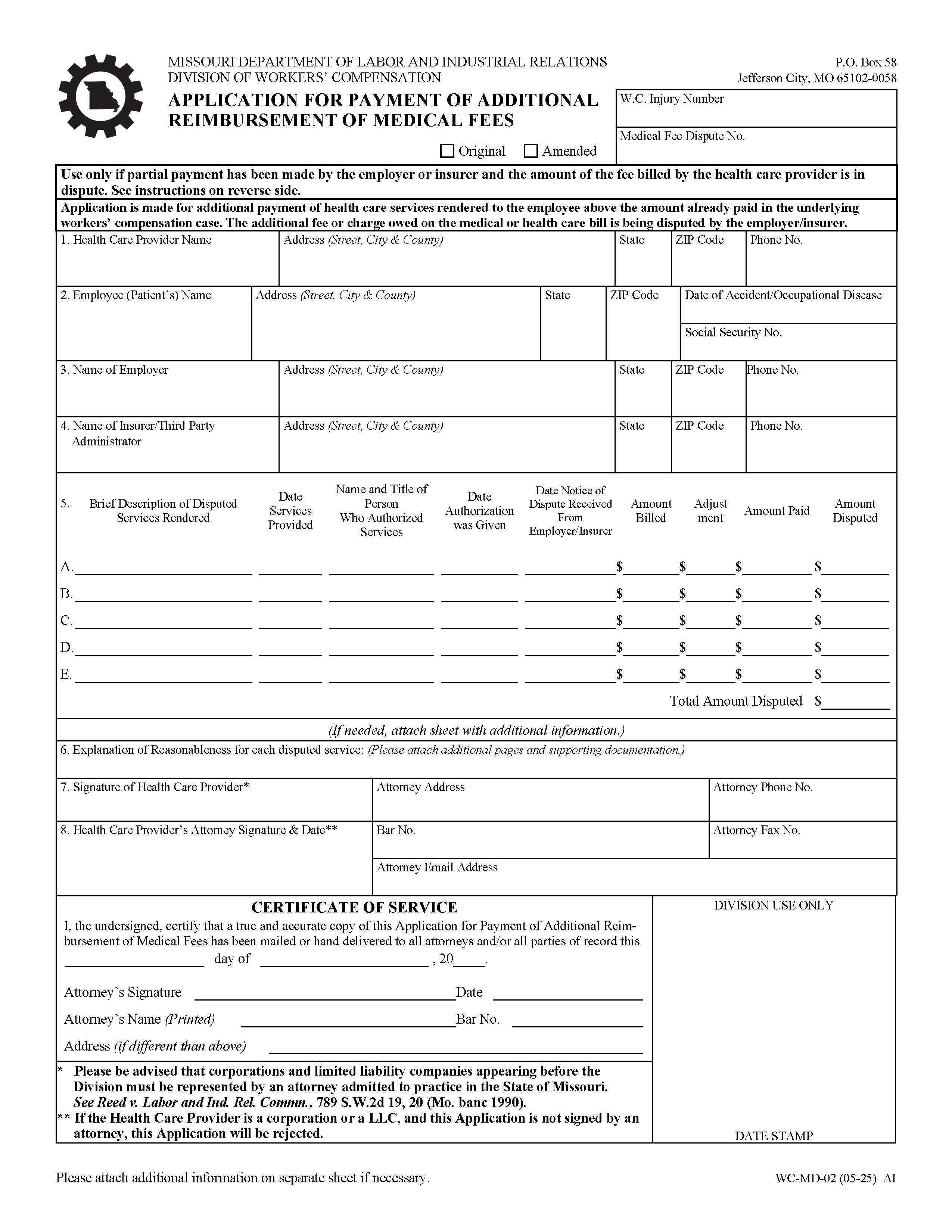 Application For Payment Of Additional Reimbursements Of Medical Fees {WC-MD-02} | Pdf Fpdf Doc Docx | Missouri